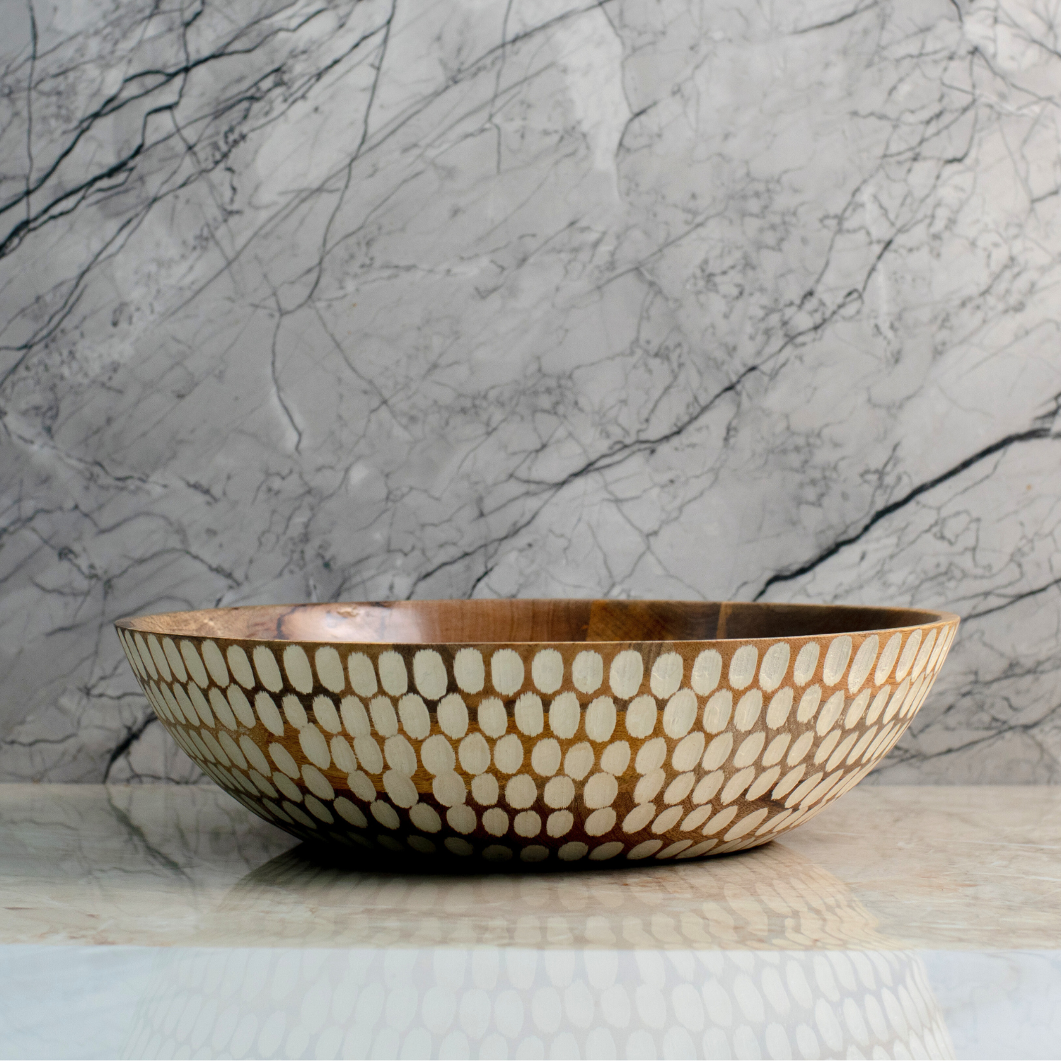 Large Flat Bowl with White Polka Dots
