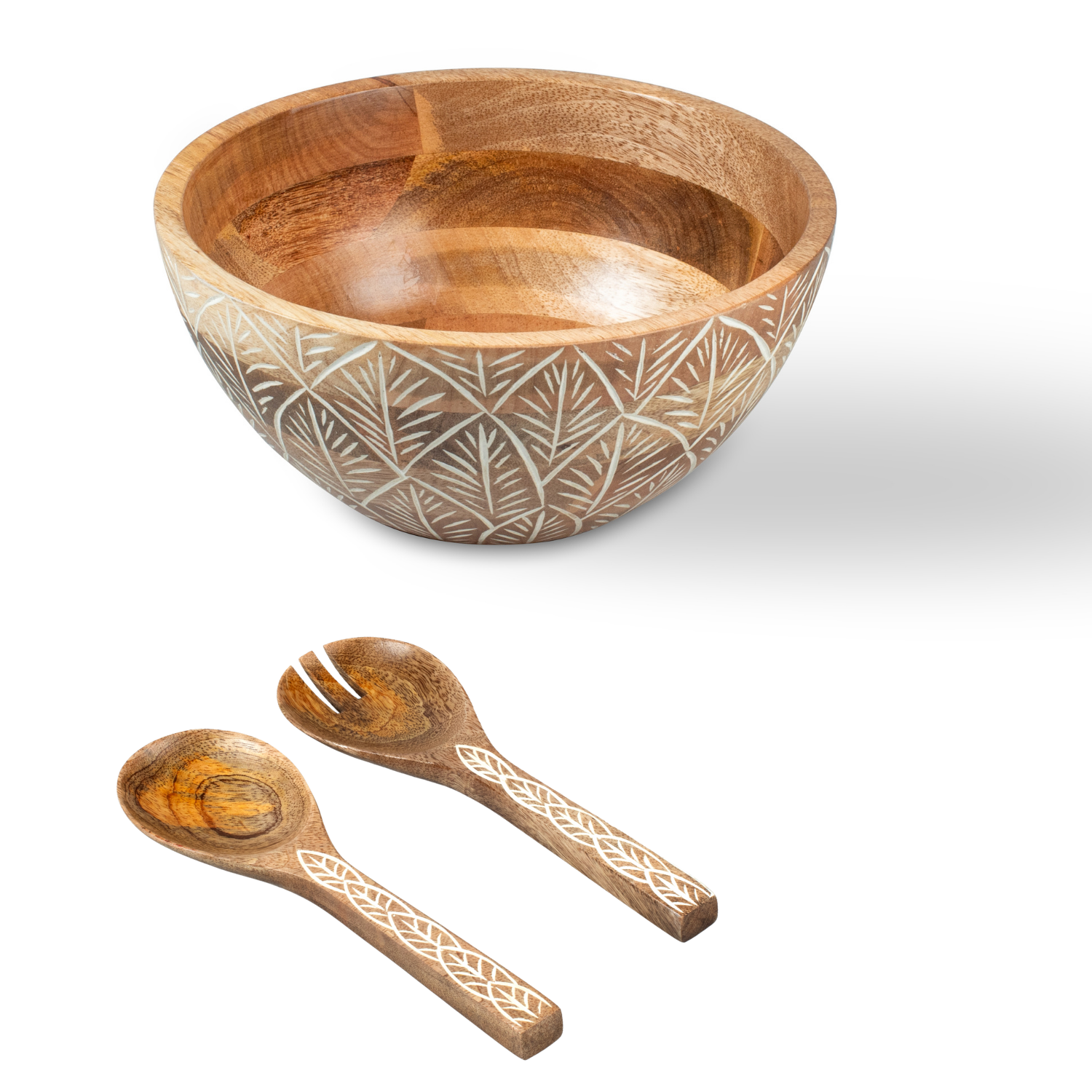 Serving Bowl and Servers with White Washed Carving