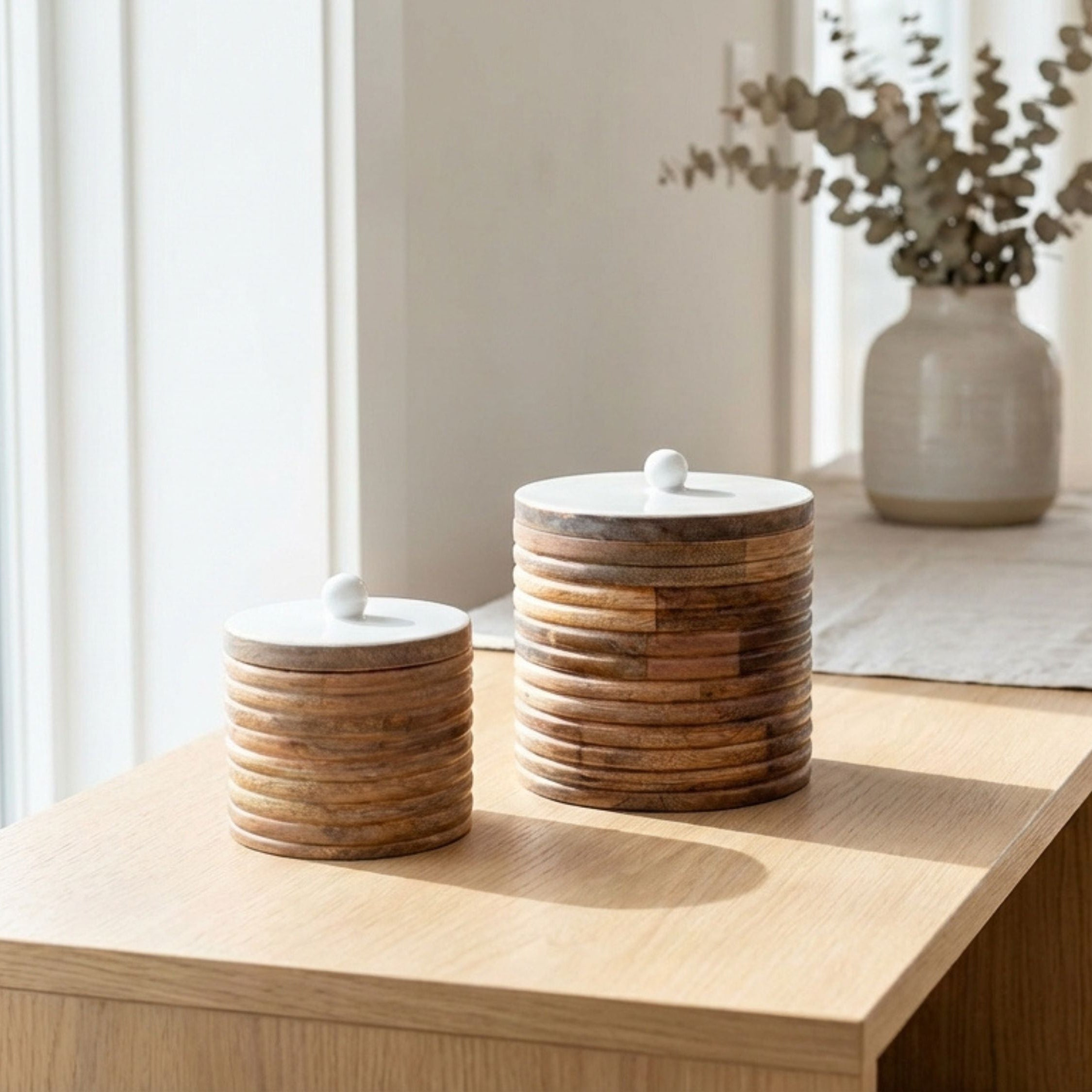 Wide Canisters with White Enamel, Set of 2 (Large and Small)