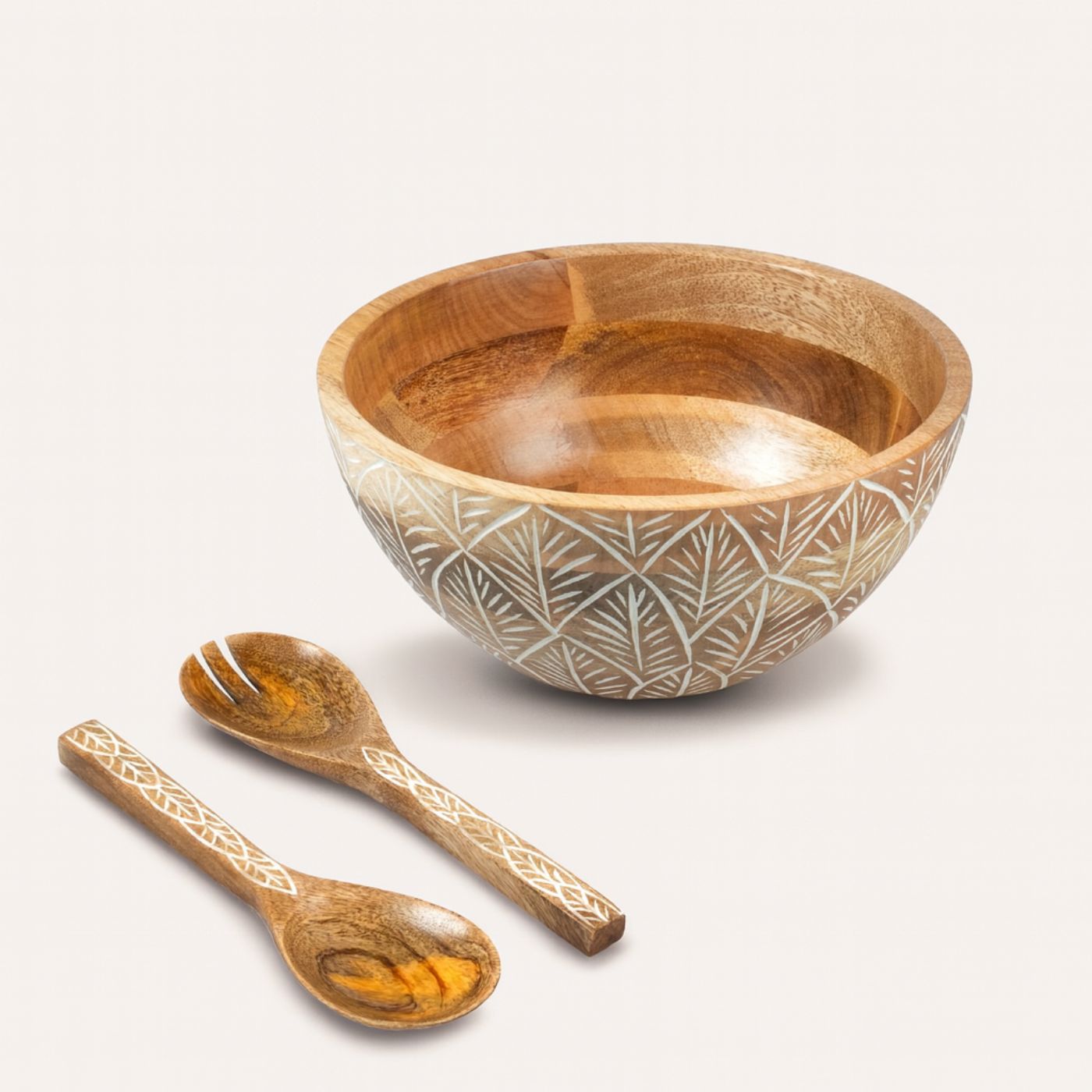 Serving Bowl and Servers with White Washed Carving