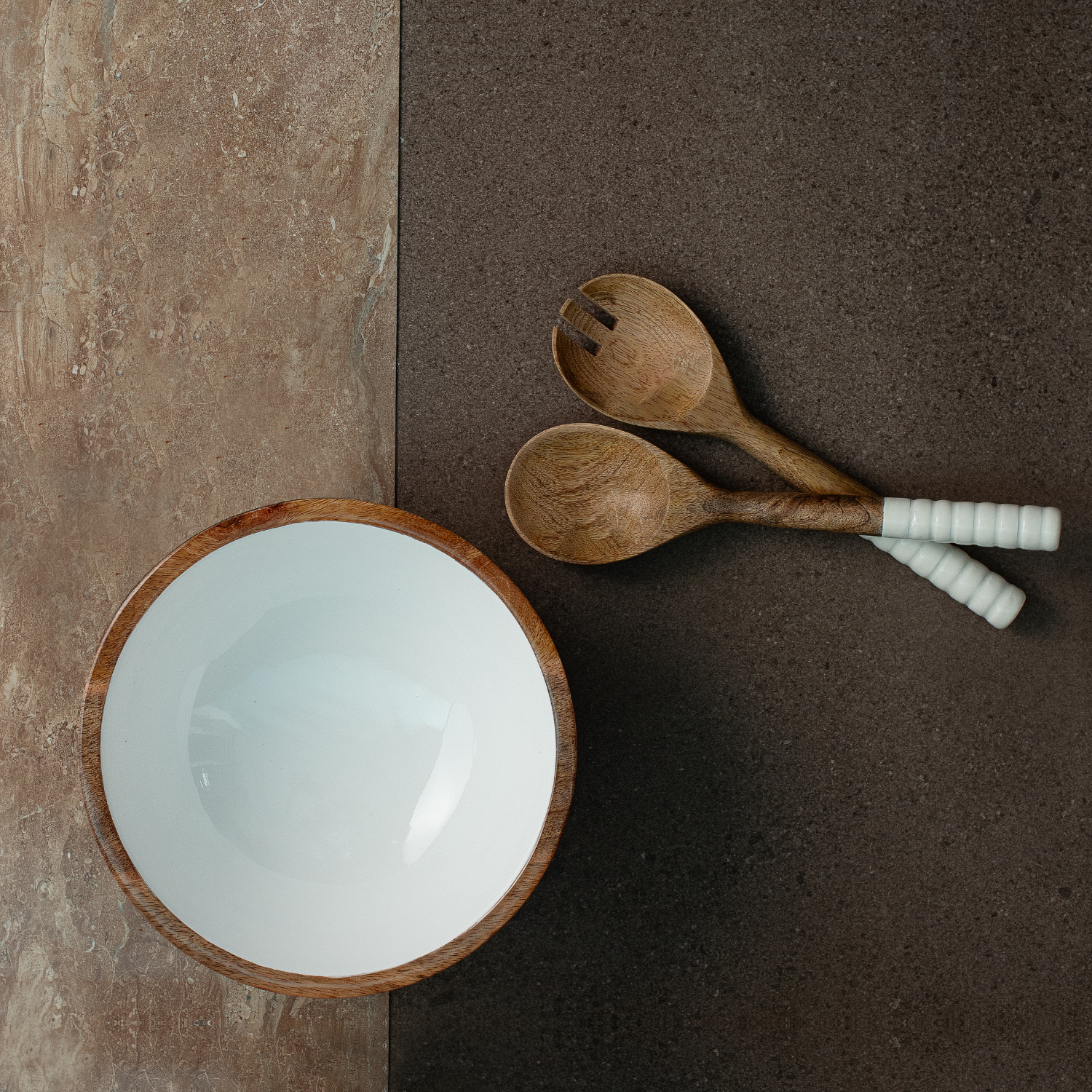 Serving Bowl and Servers with White Enamel