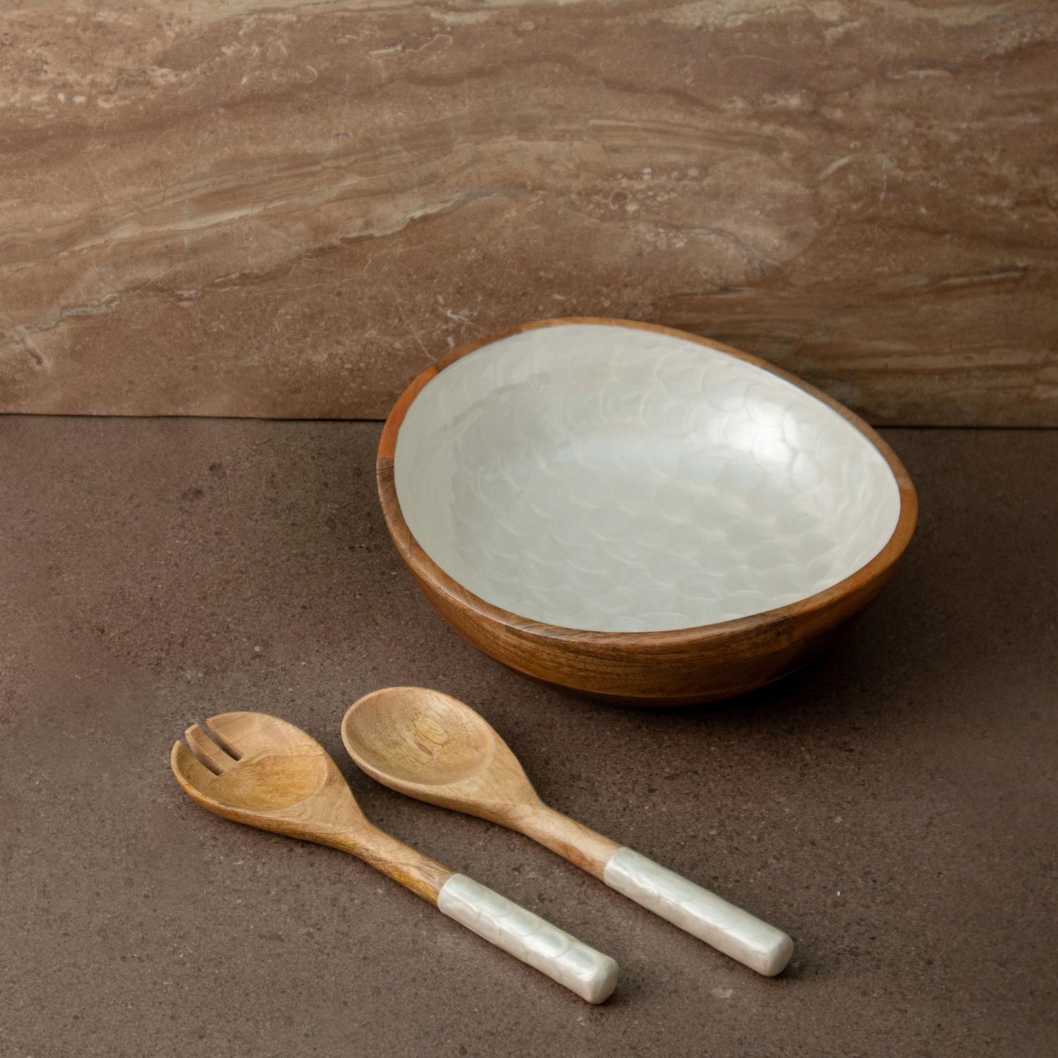 Serving Bowl and Servers with Pearl Enamel