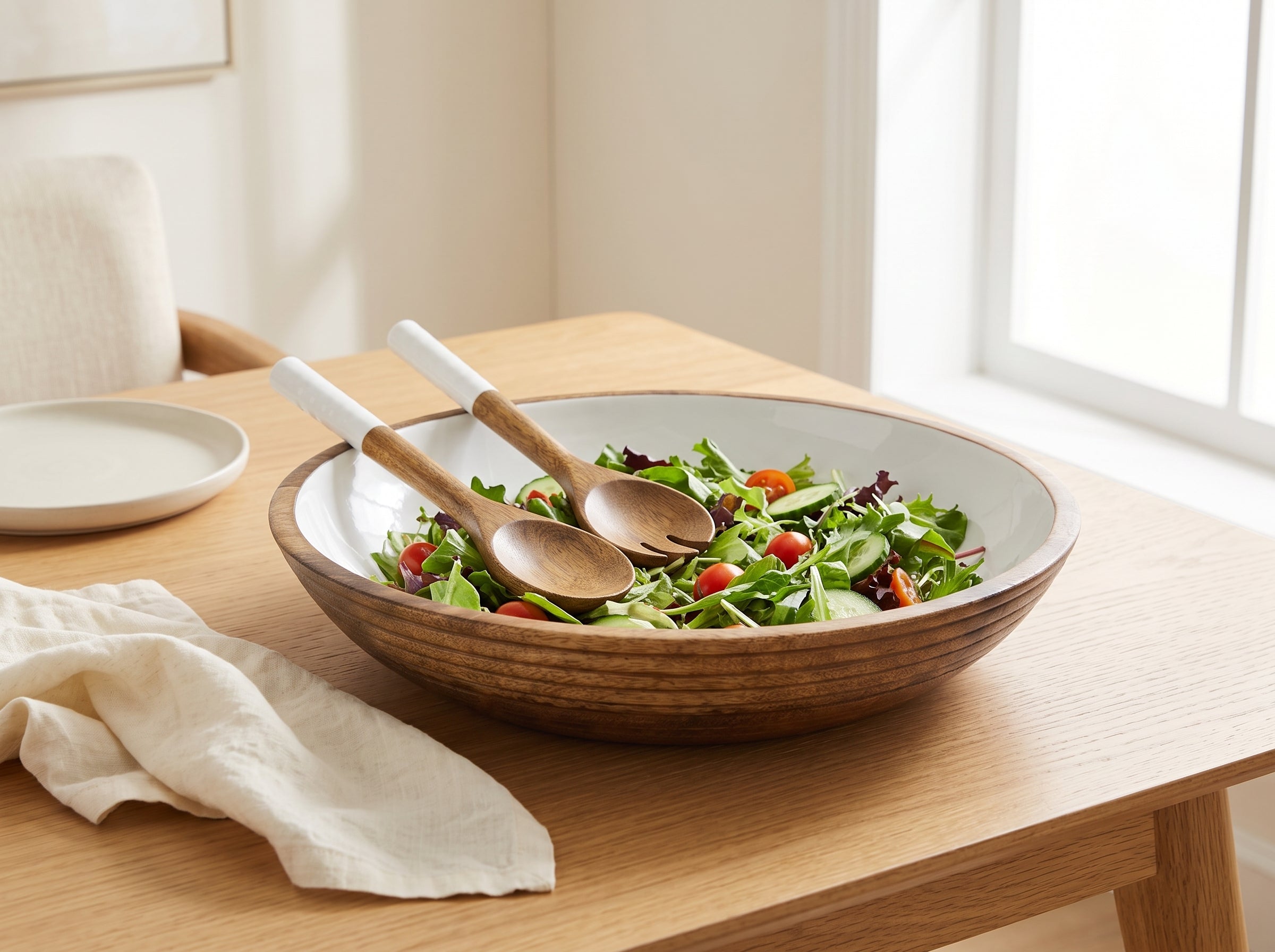 Large Bowl & Servers with White Enamel