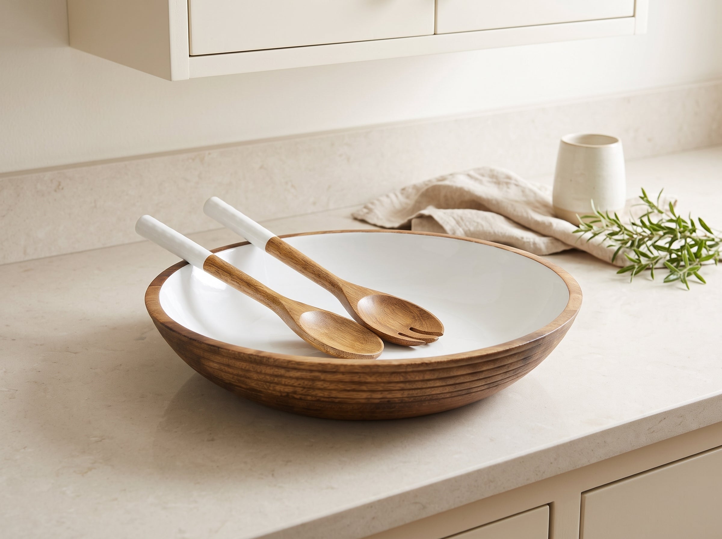 Large Bowl & Servers with White Enamel