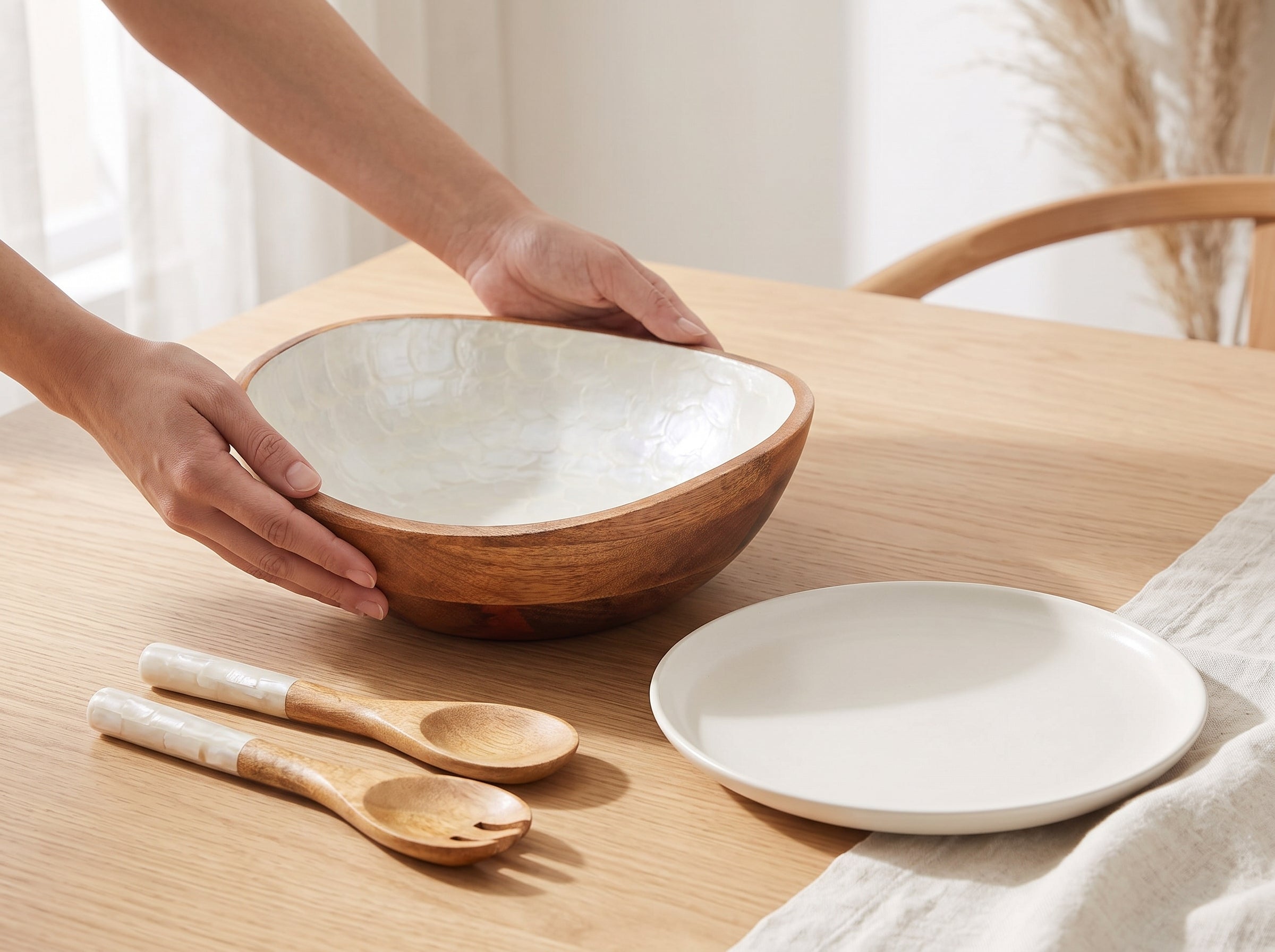 Serving Bowl and Servers with Pearl Enamel