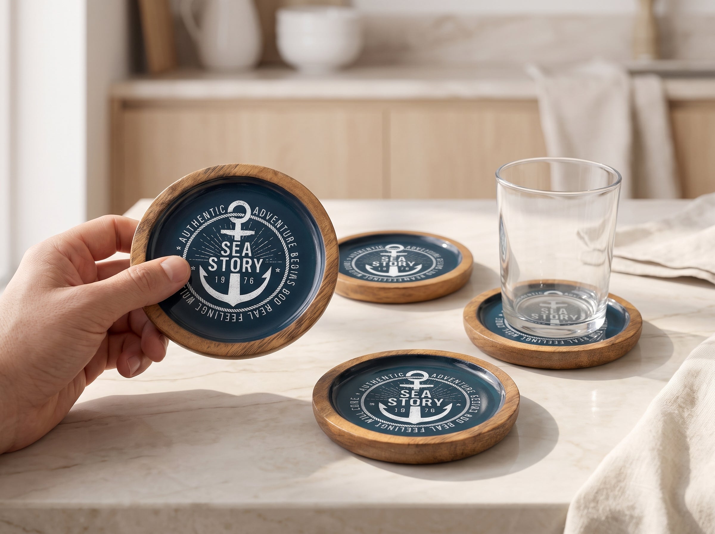 Deep Dish Coasters with Sea Story Enamel, Set of 4