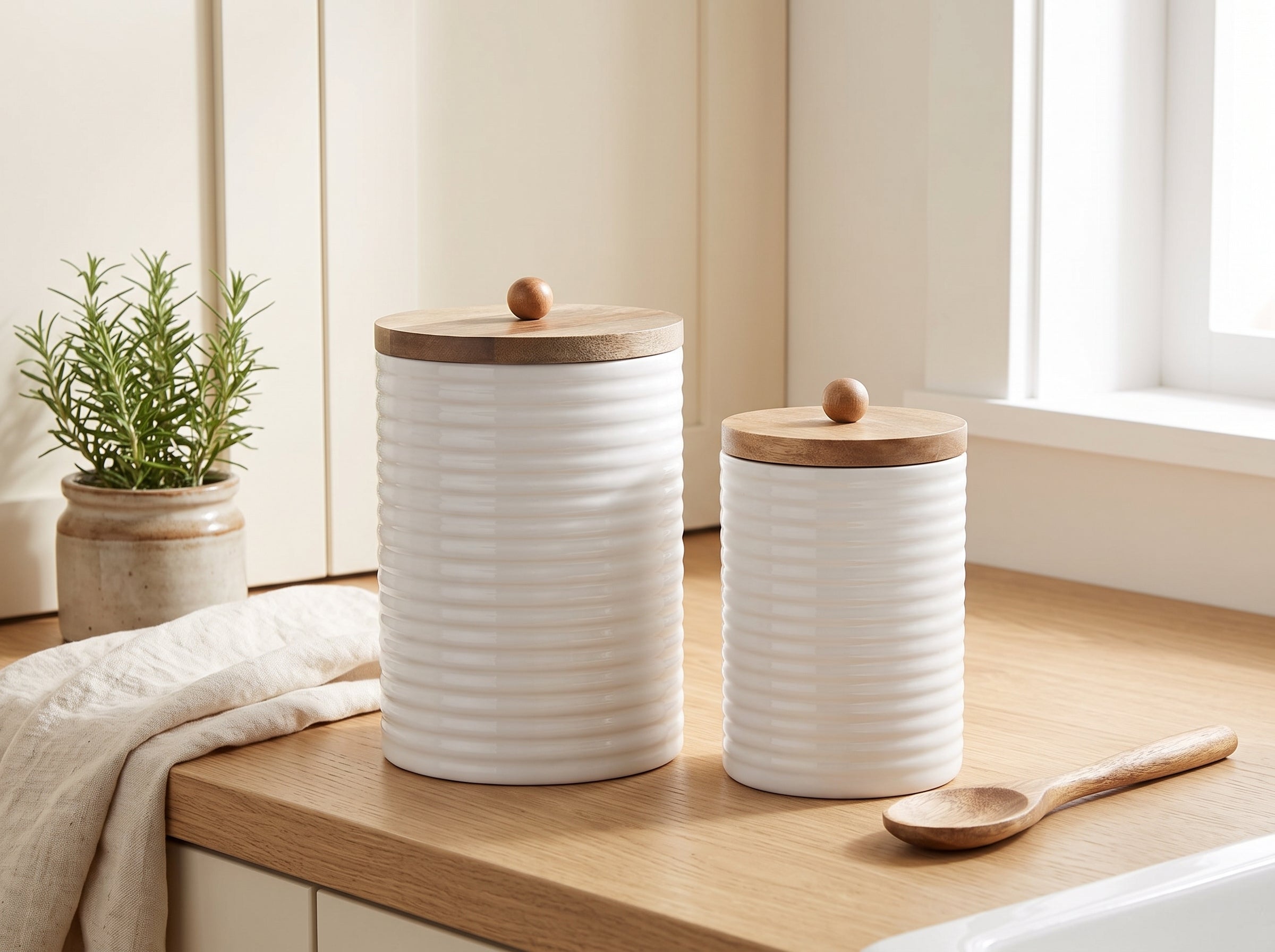 Tall Canisters with White Enamel, Set of 2 (Large and Small)