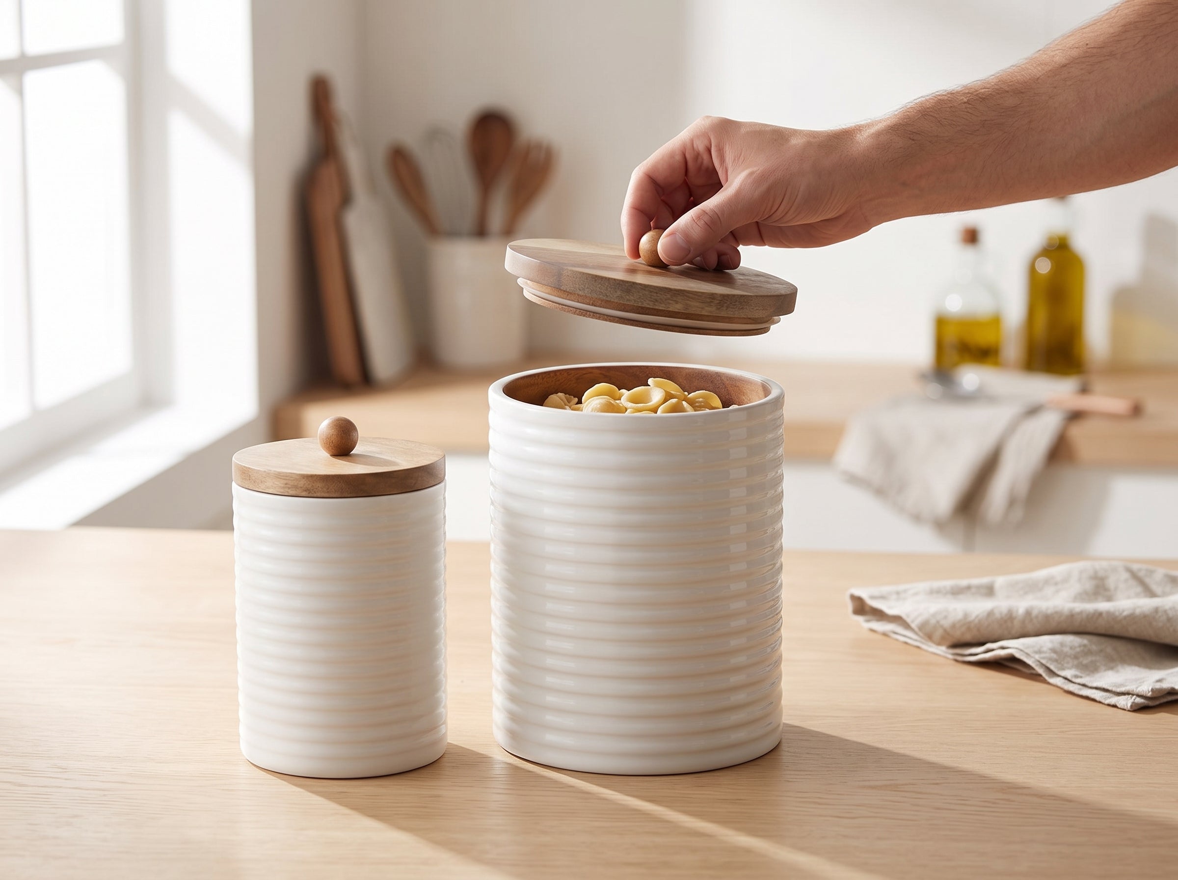 Tall Canisters with White Enamel, Set of 2 (Large and Small)