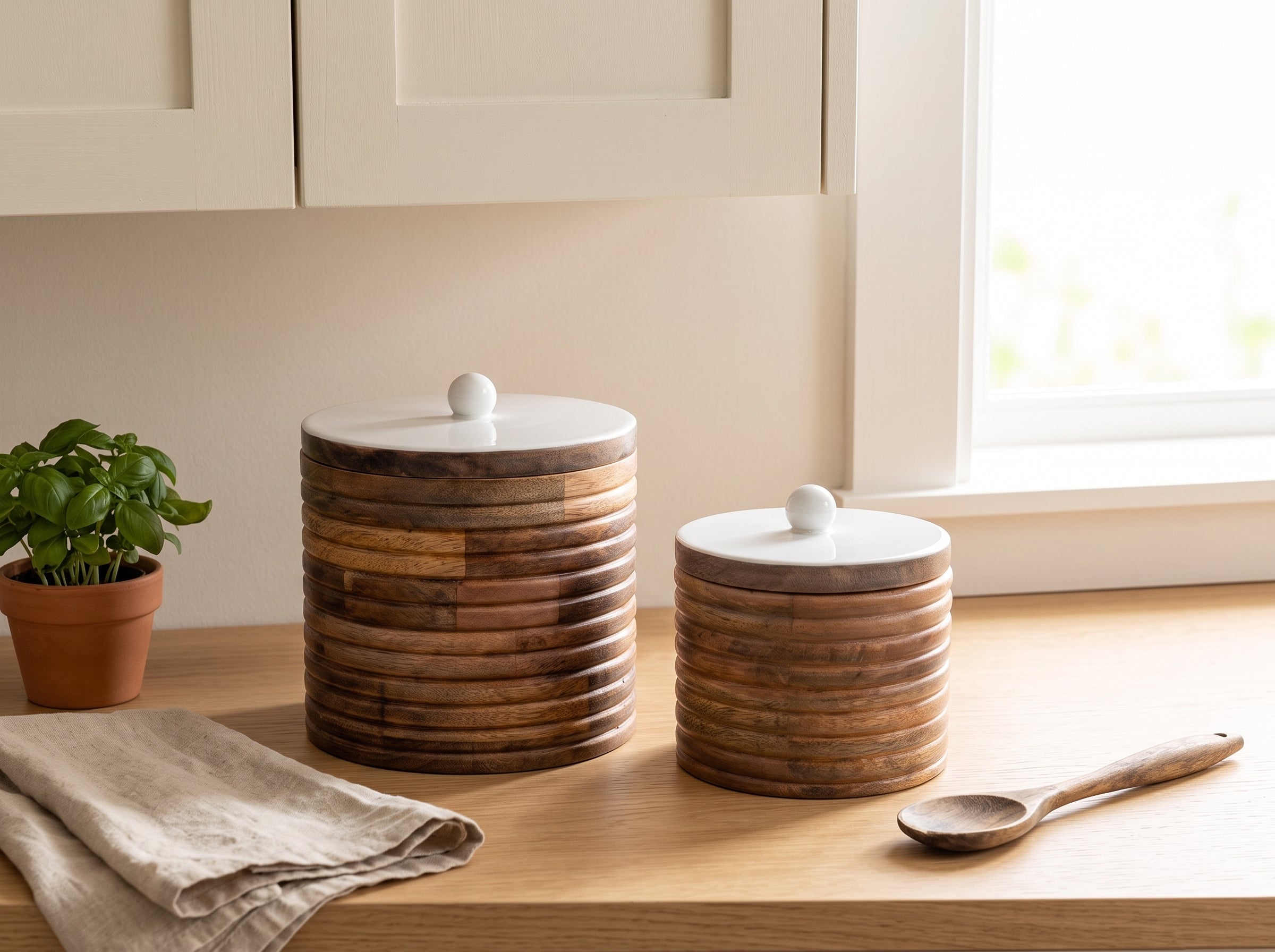Wide Canisters with White Enamel, Set of 2 (Large and Small)