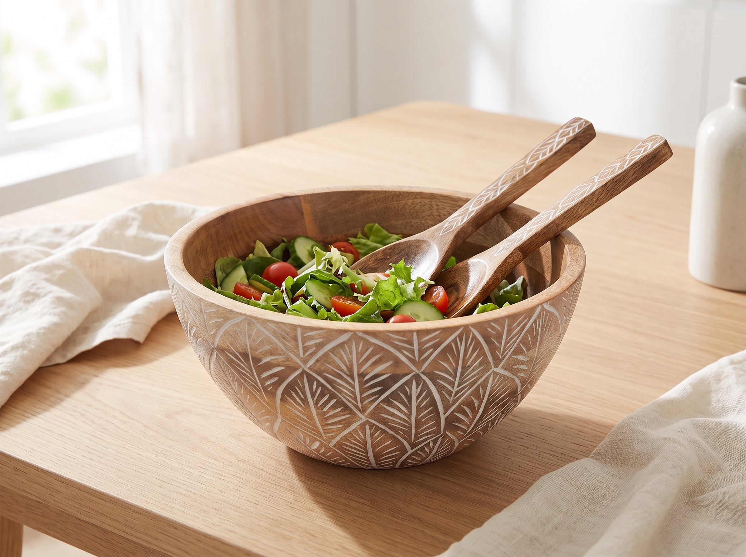 Serving Bowl and Servers with White Washed Carving