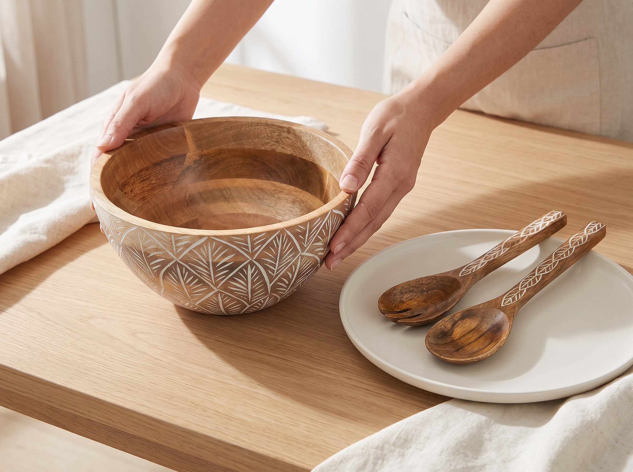 Serving Bowl and Servers with White Washed Carving