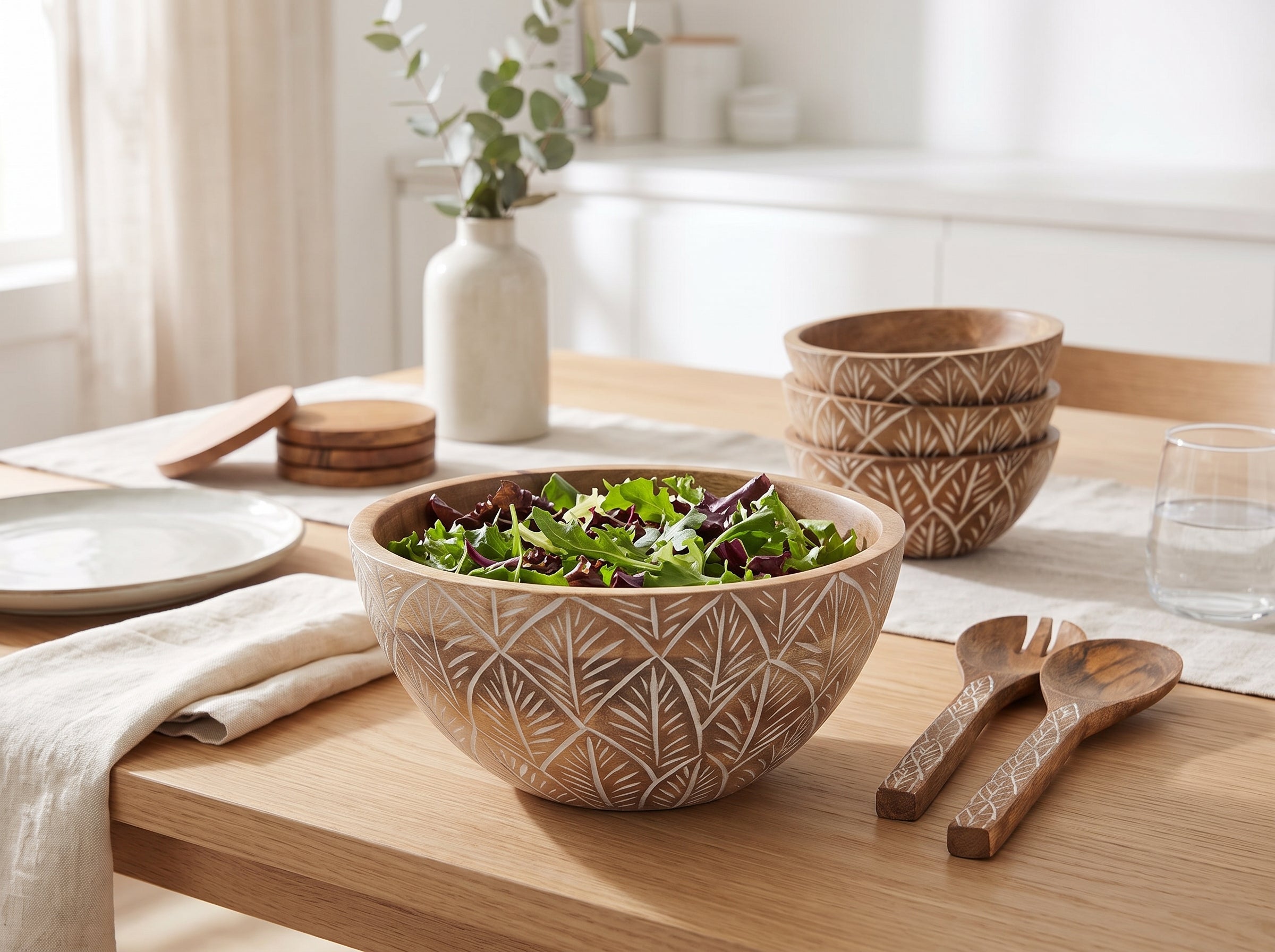 Serving Bowl and Servers with White Washed Carving