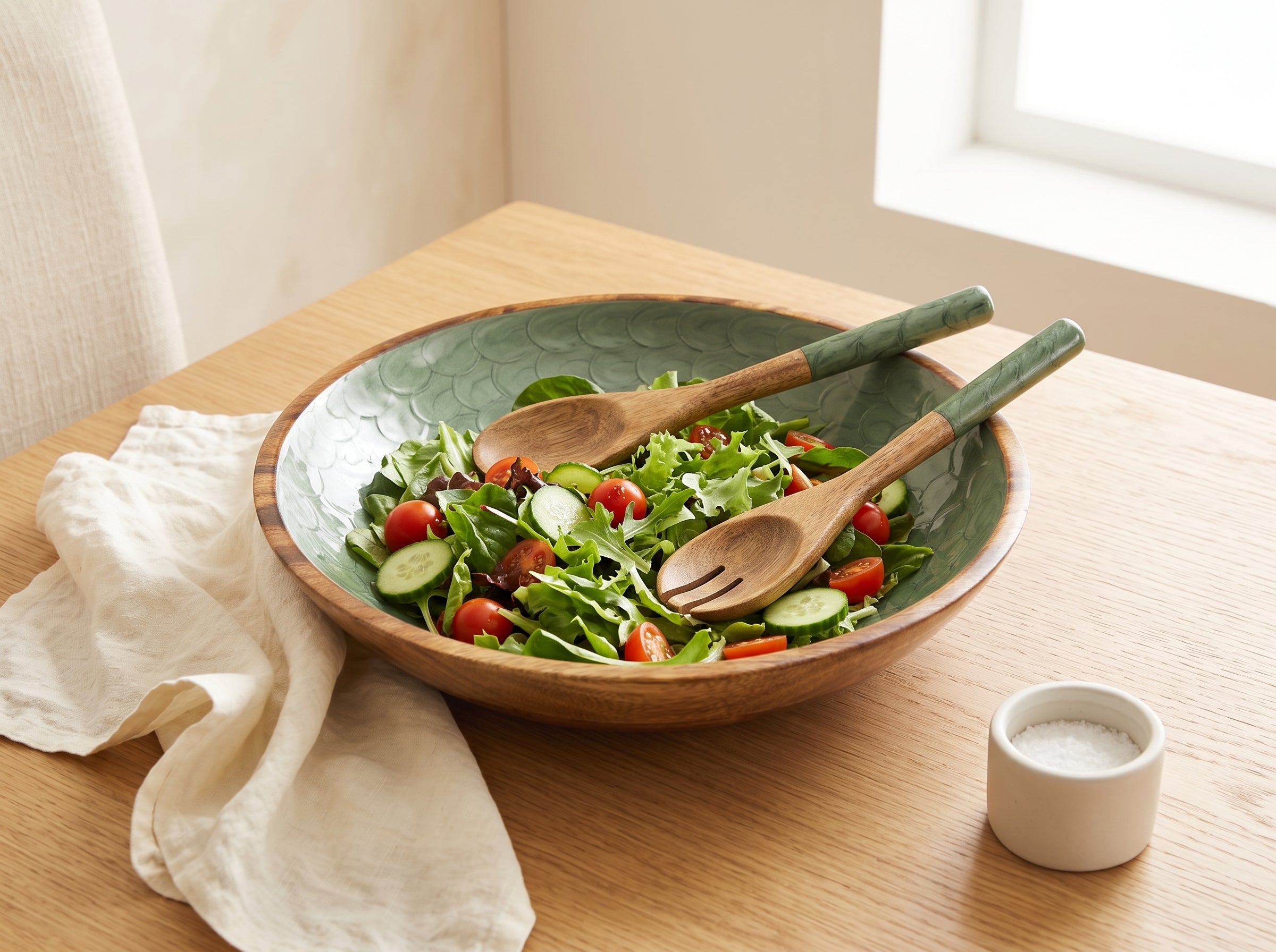 Large Bowl & Servers with Olive Green Pearl Enamel