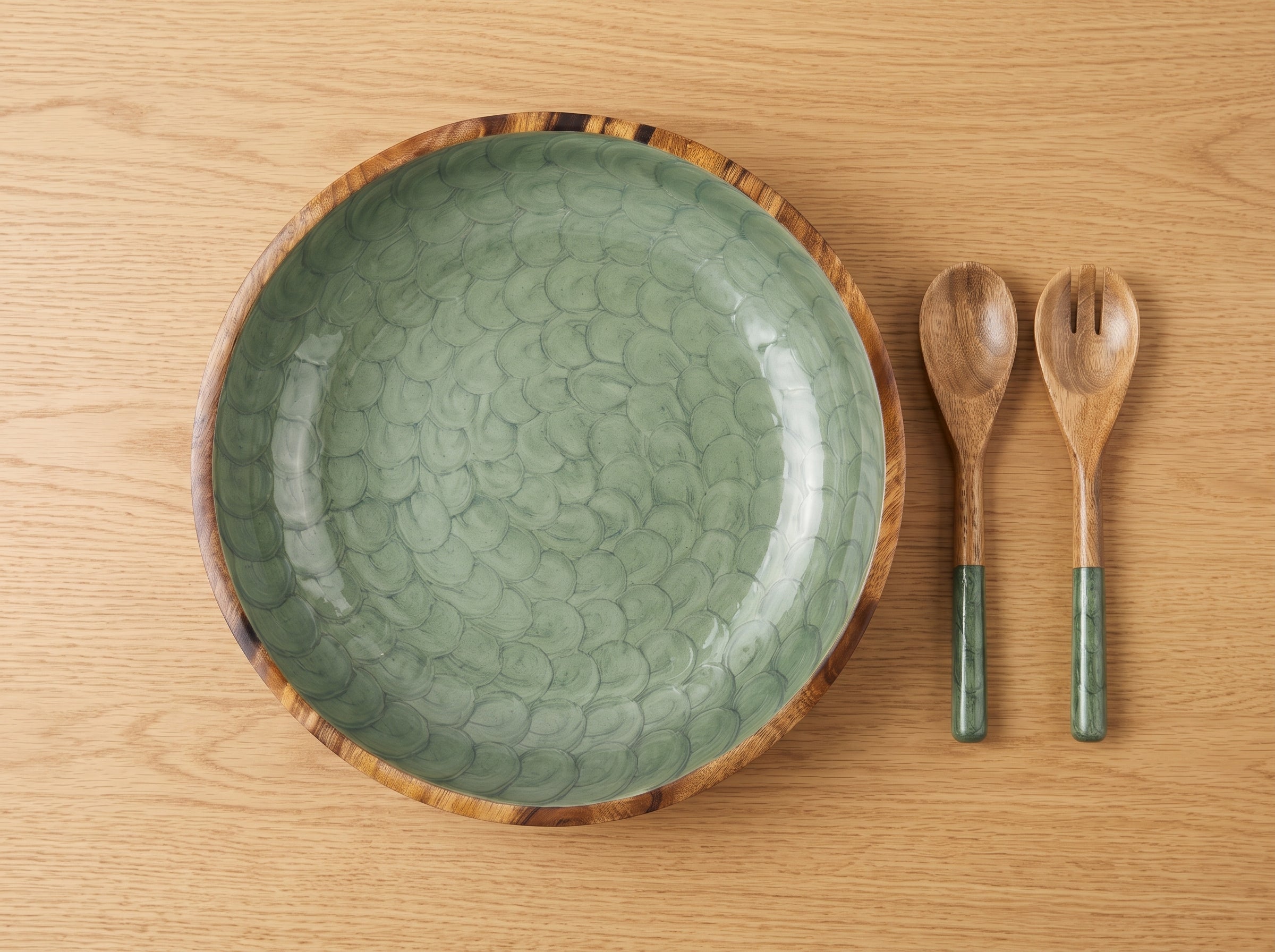 Large Bowl & Servers with Olive Green Pearl Enamel