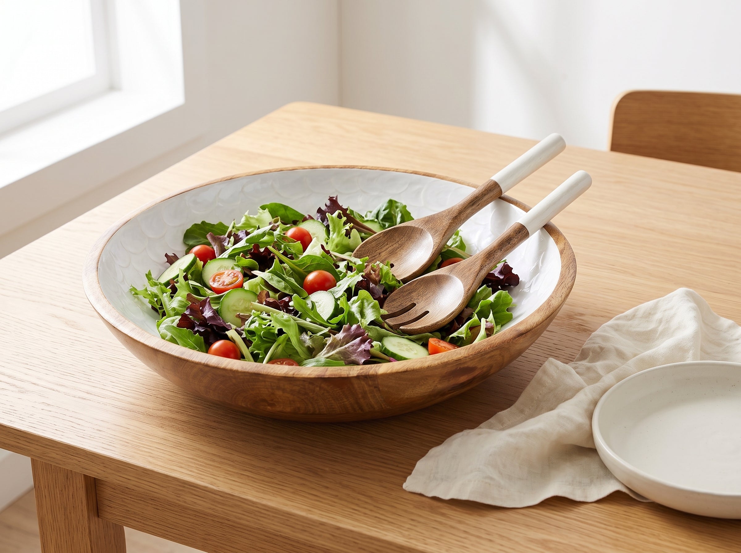 Large Bowl & Servers with White Pearl Enamel