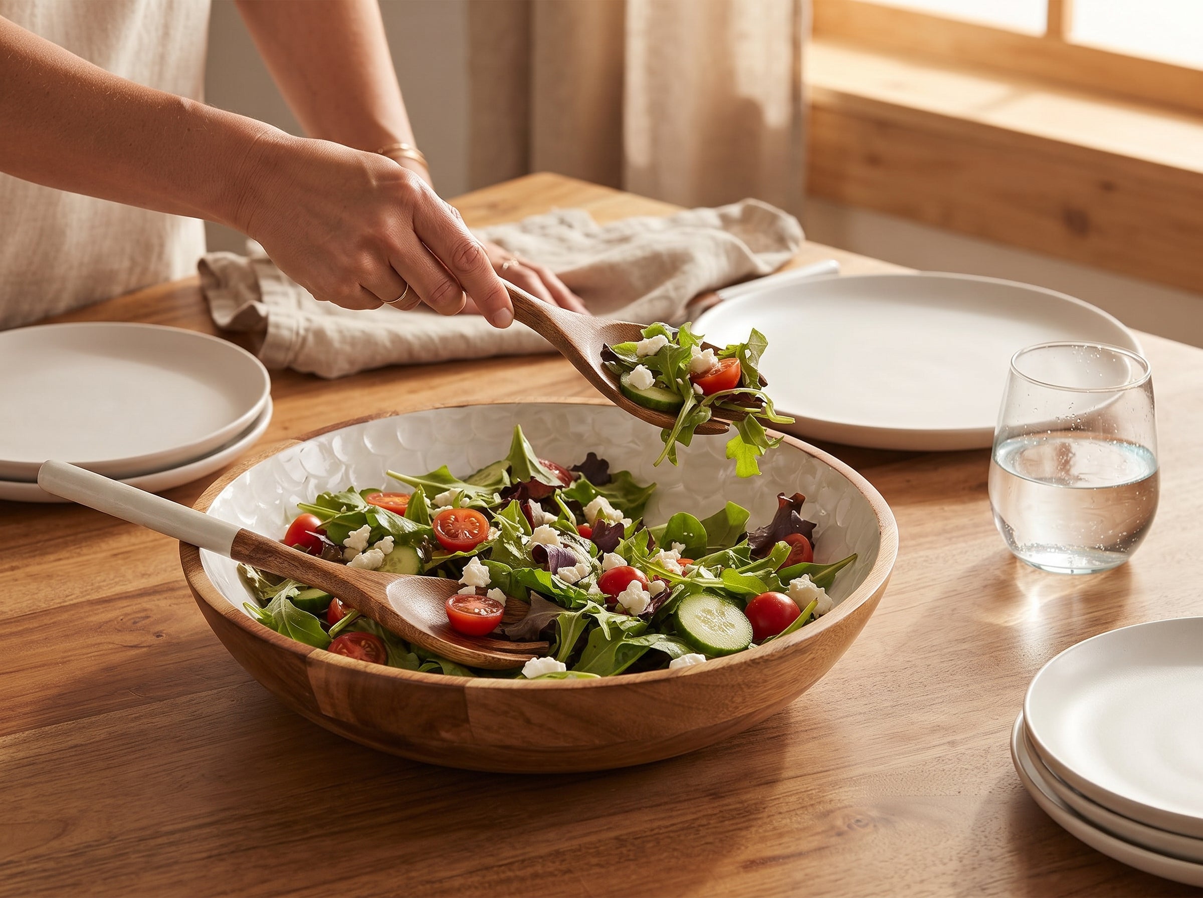 Large Bowl & Servers with White Pearl Enamel