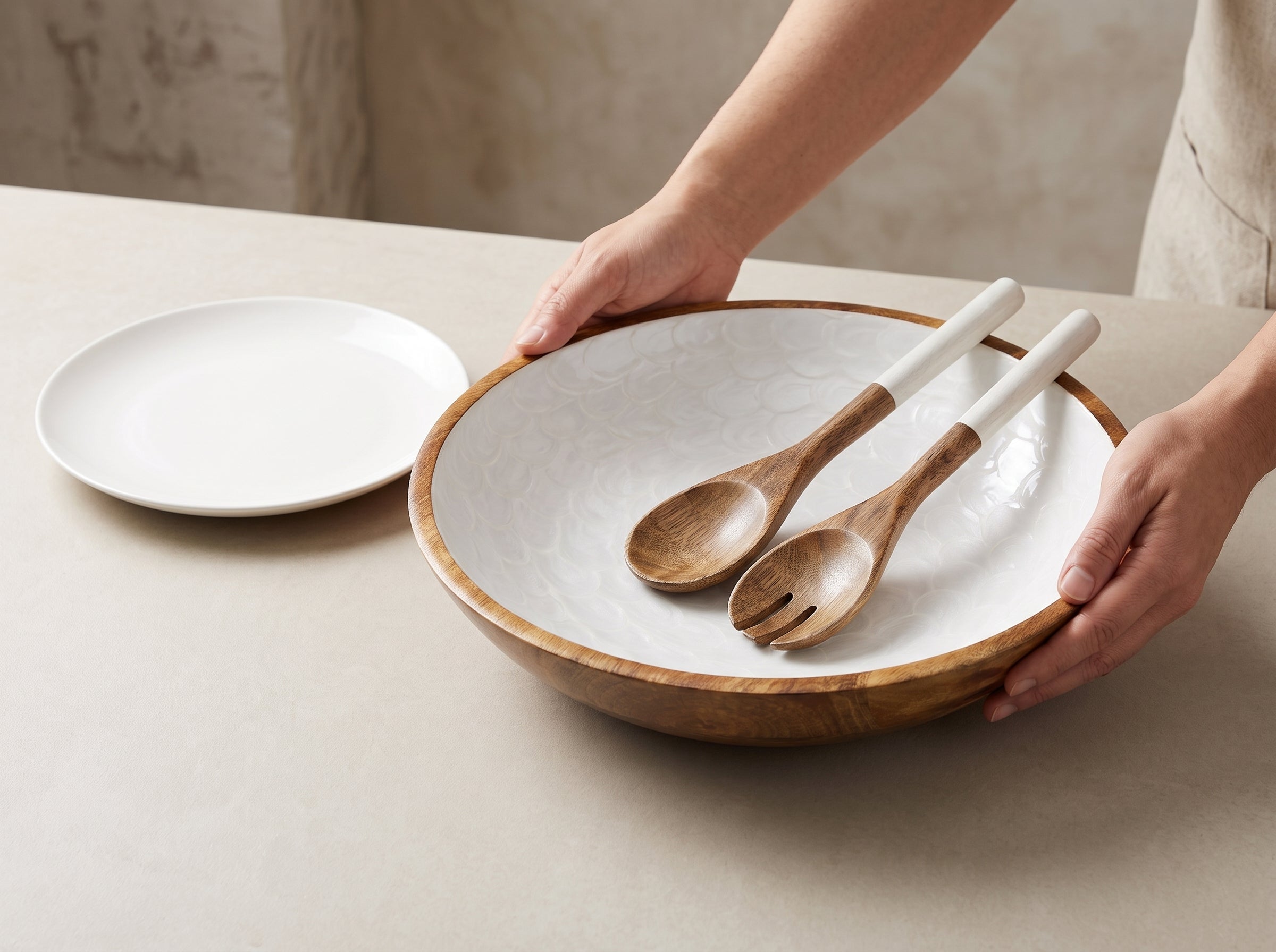 Large Bowl & Servers with White Pearl Enamel
