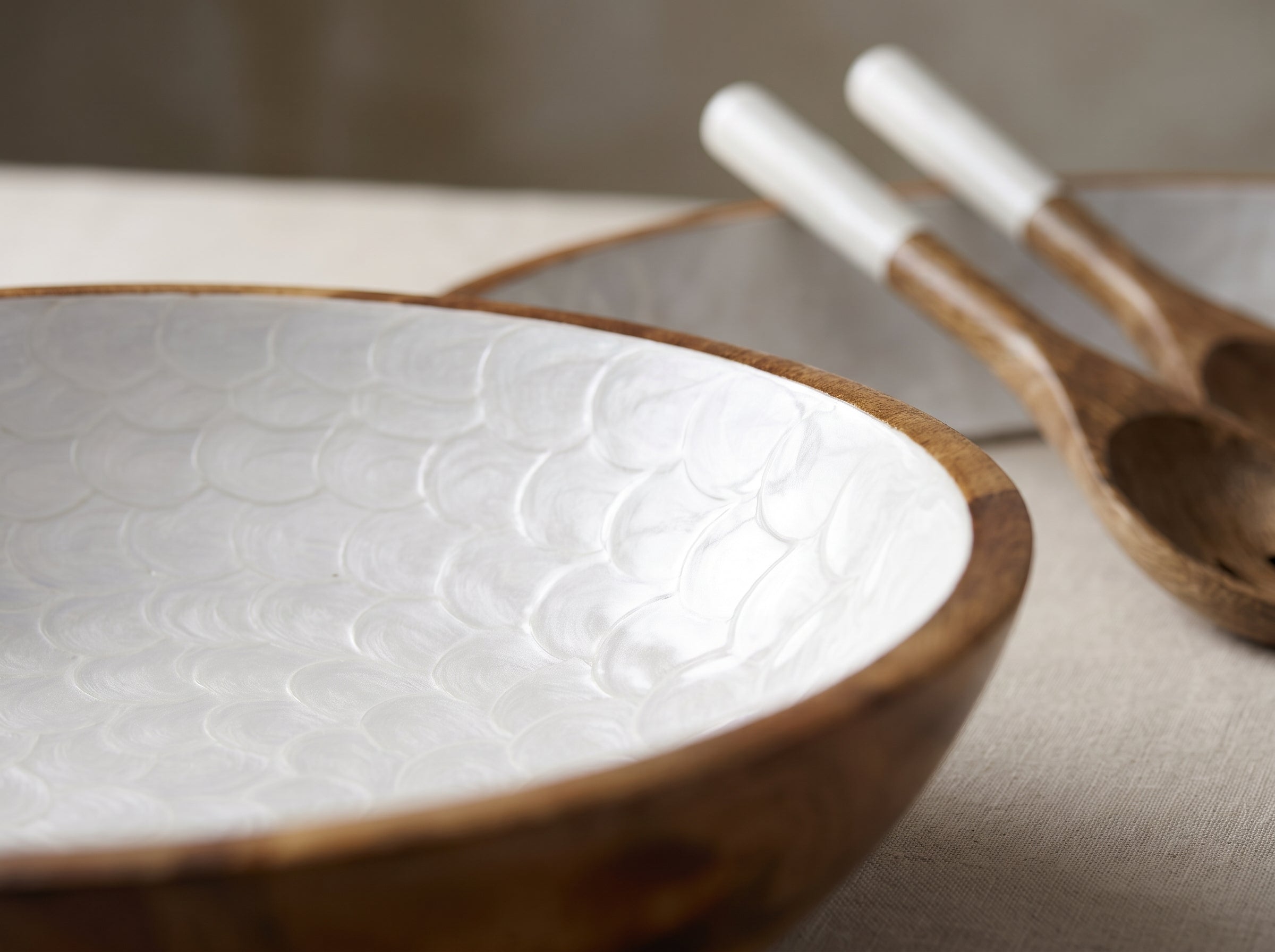 Large Bowl & Servers with White Pearl Enamel