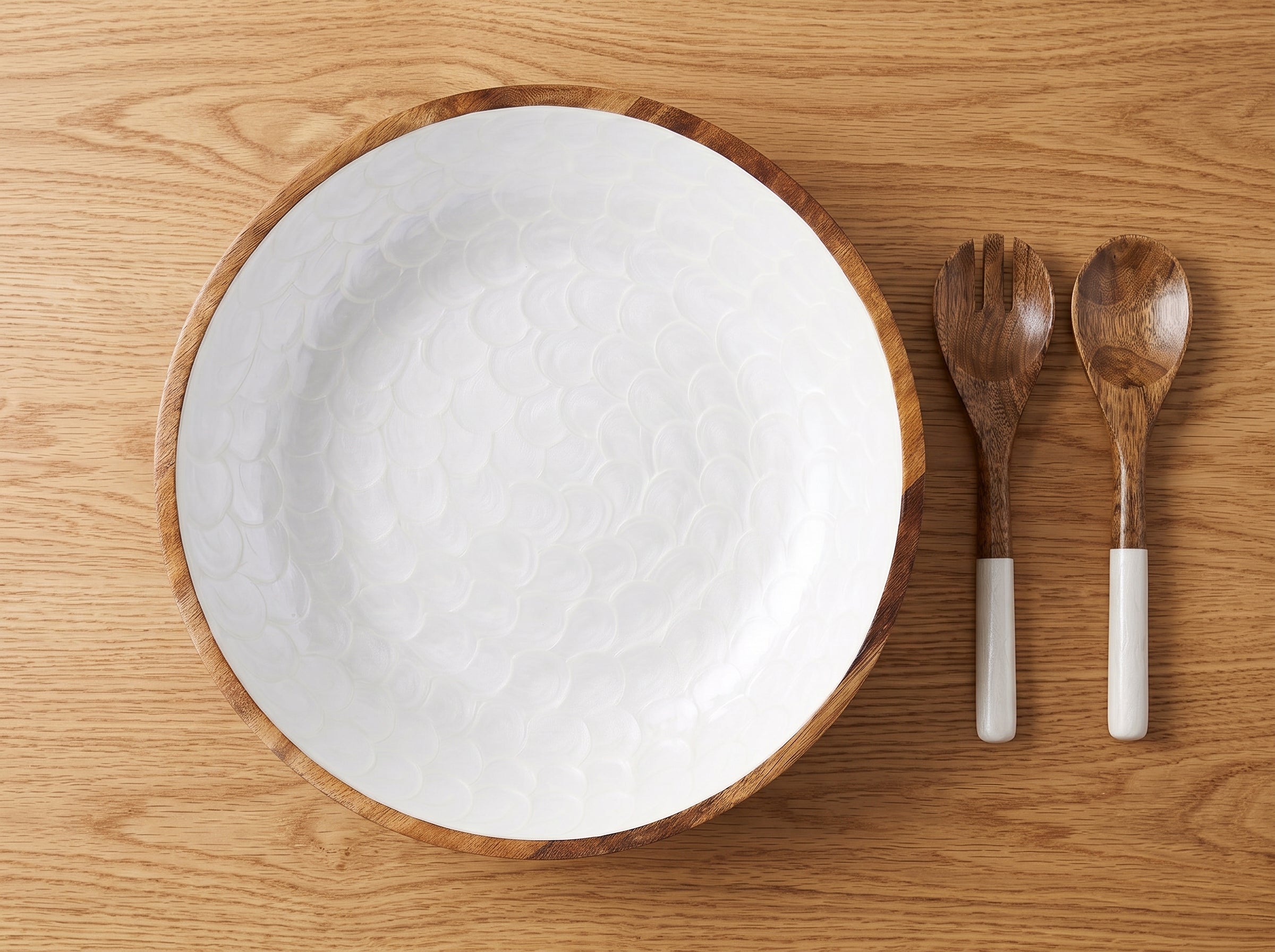 Large Bowl & Servers with White Pearl Enamel