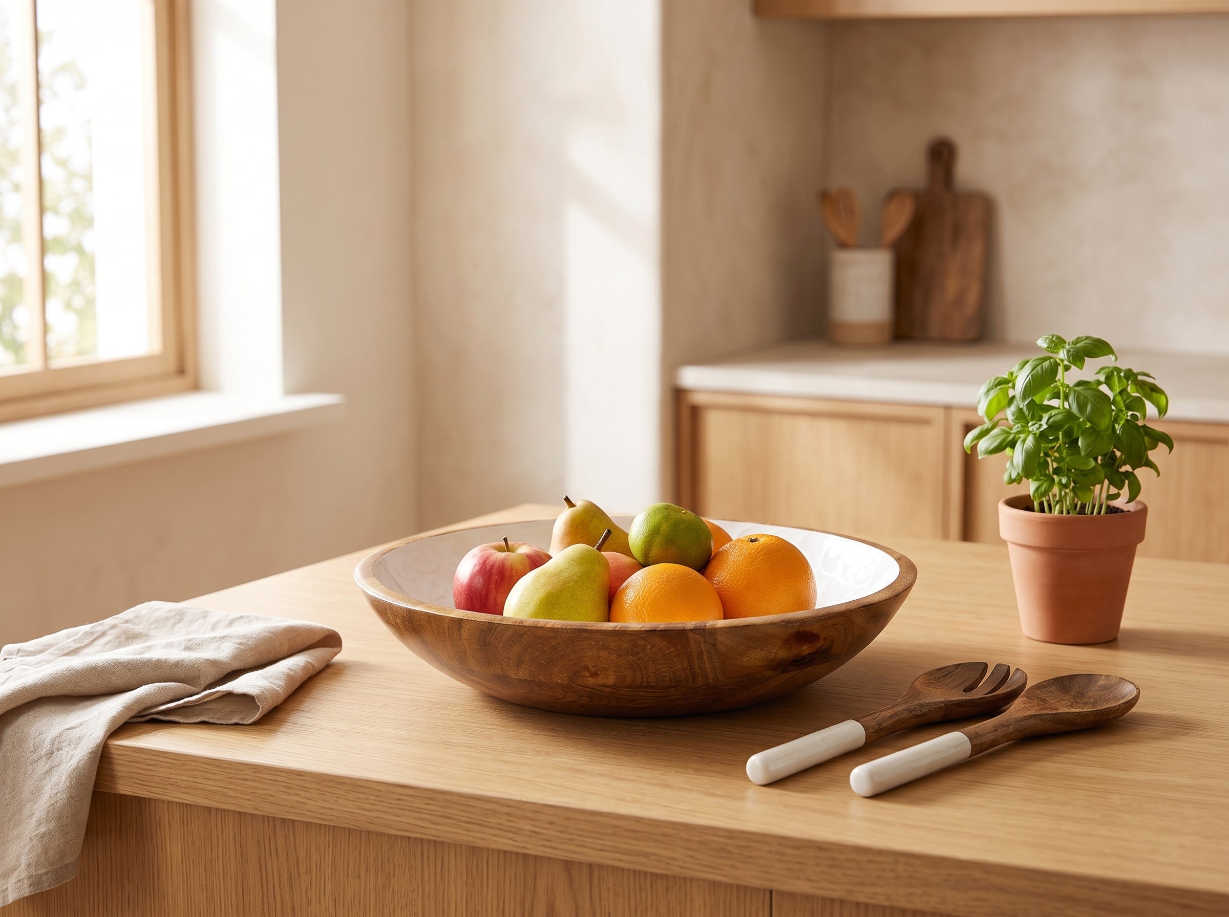 Large Bowl & Servers with White Pearl Enamel