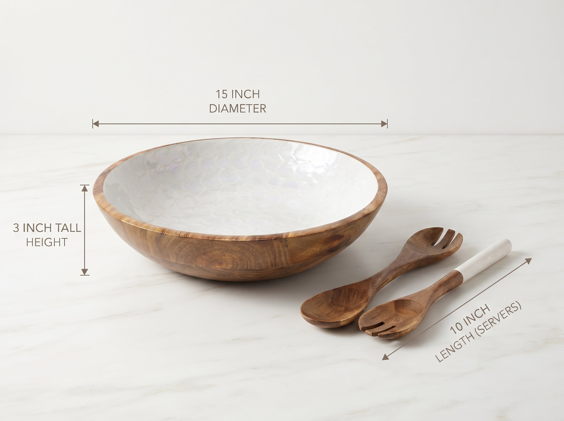 Large Bowl & Servers with White Pearl Enamel