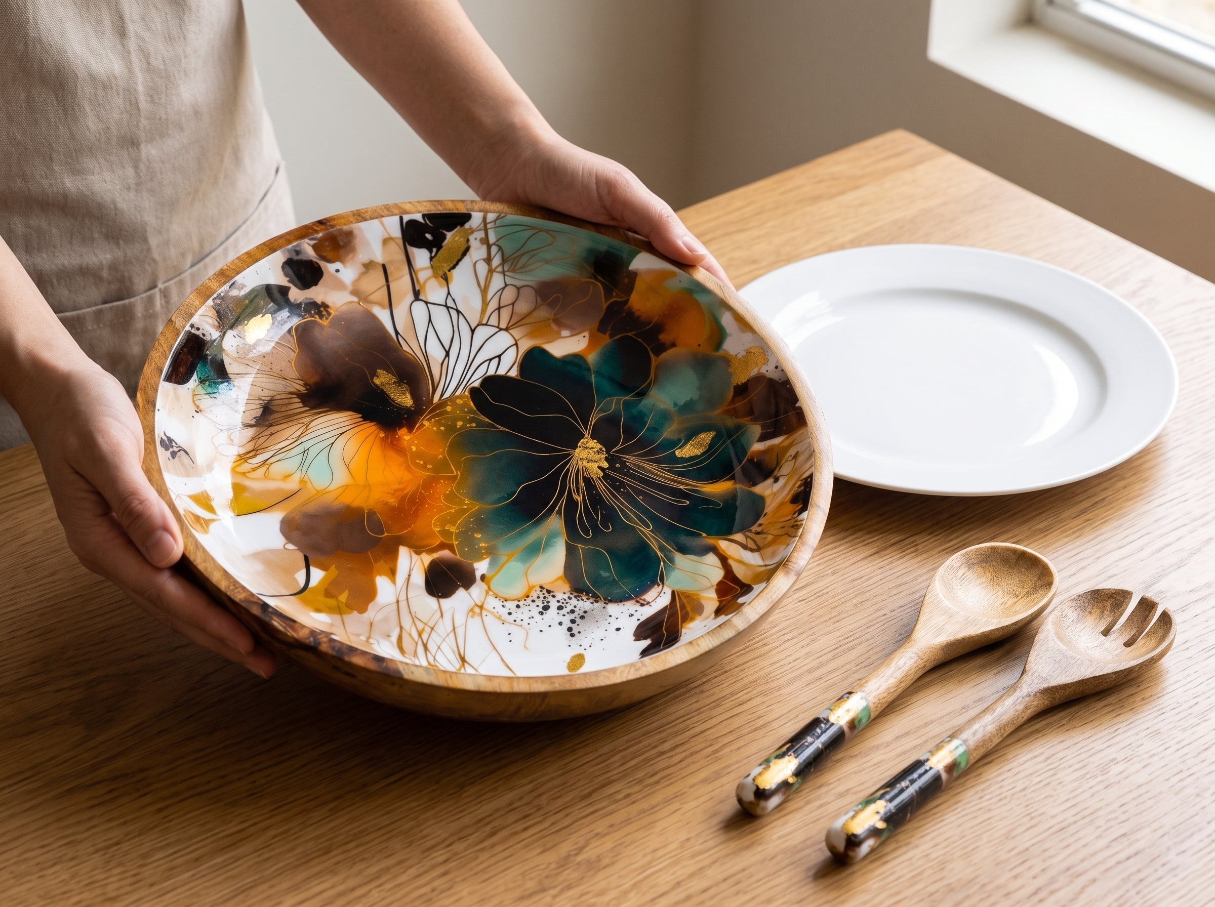 Large Bowl & Servers with Garden Story Floral Print Enamel