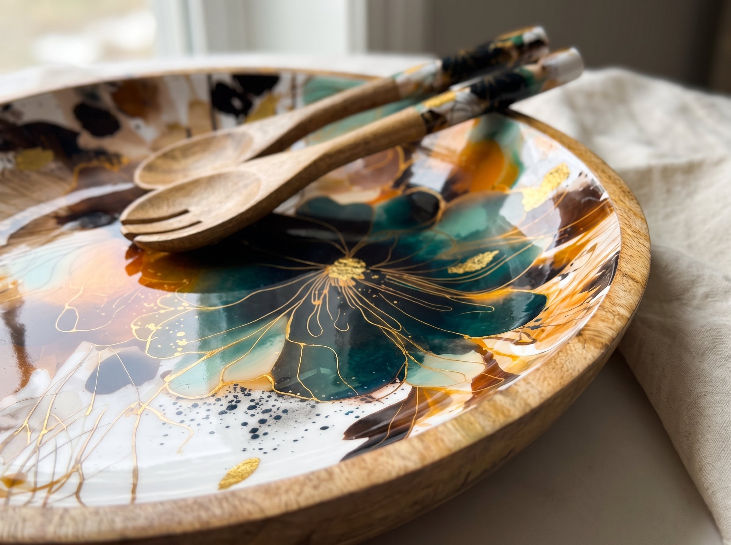 Large Bowl & Servers with Garden Story Floral Print Enamel