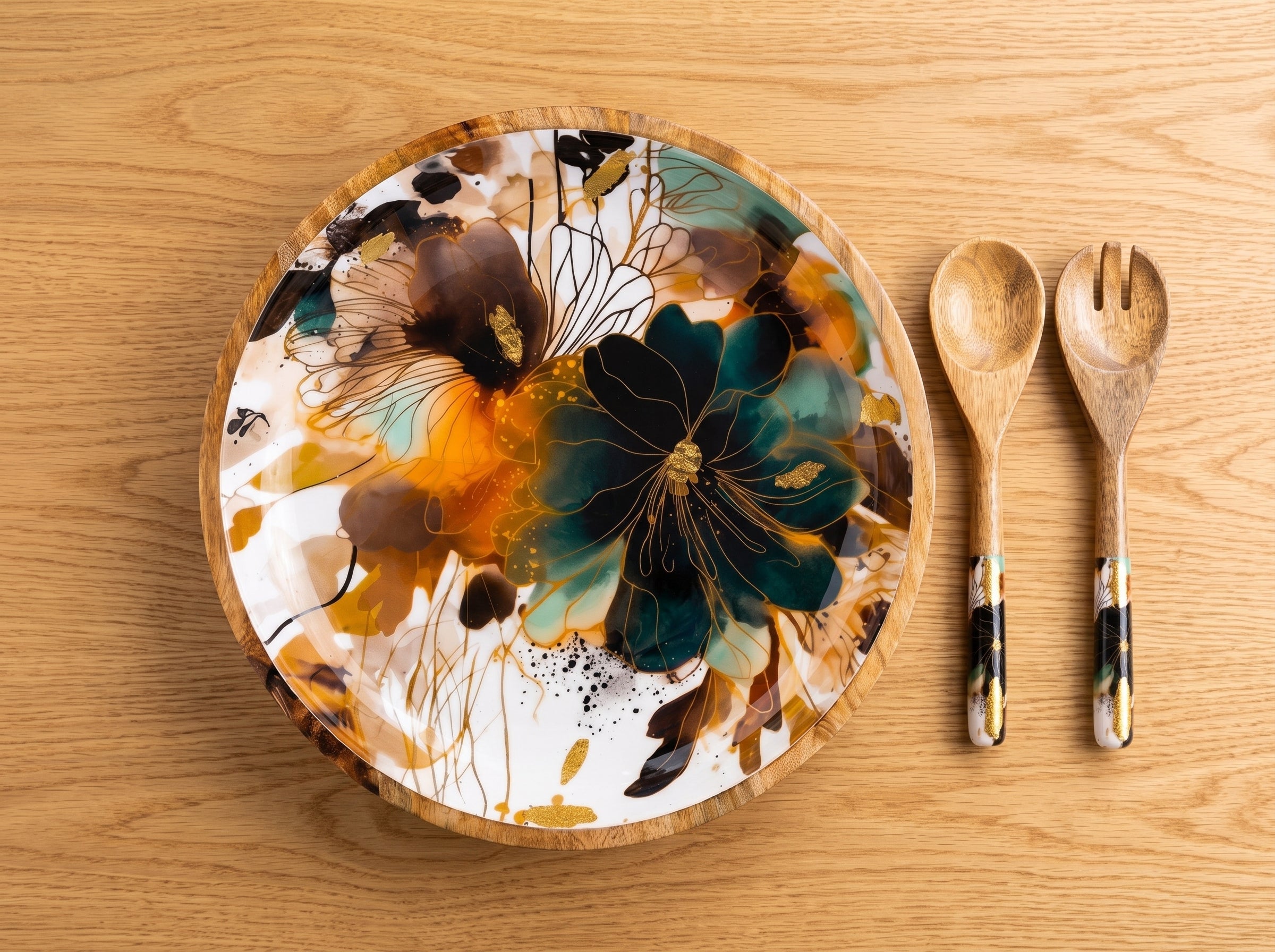 Large Bowl & Servers with Garden Story Floral Print Enamel