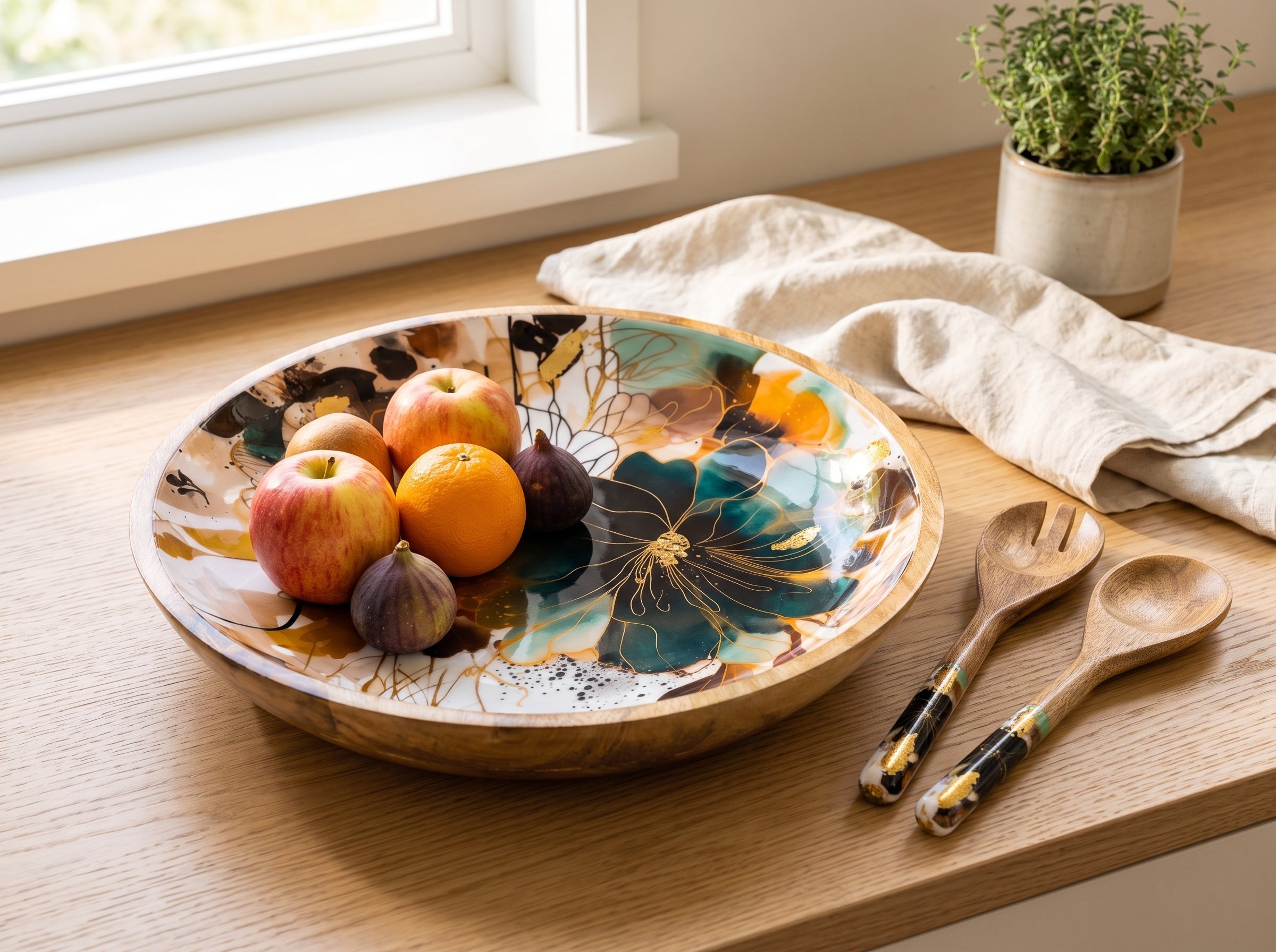 Large Bowl & Servers with Garden Story Floral Print Enamel