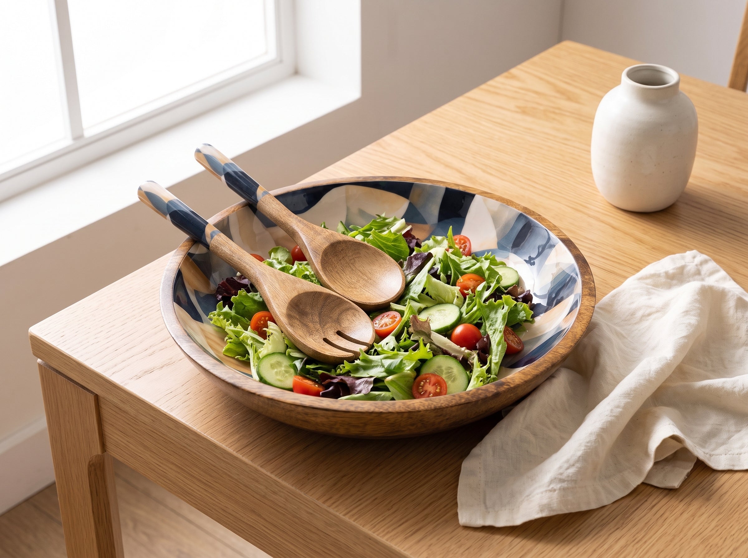 Large Bowl & Servers with Mosaic Geometric Print Enamel