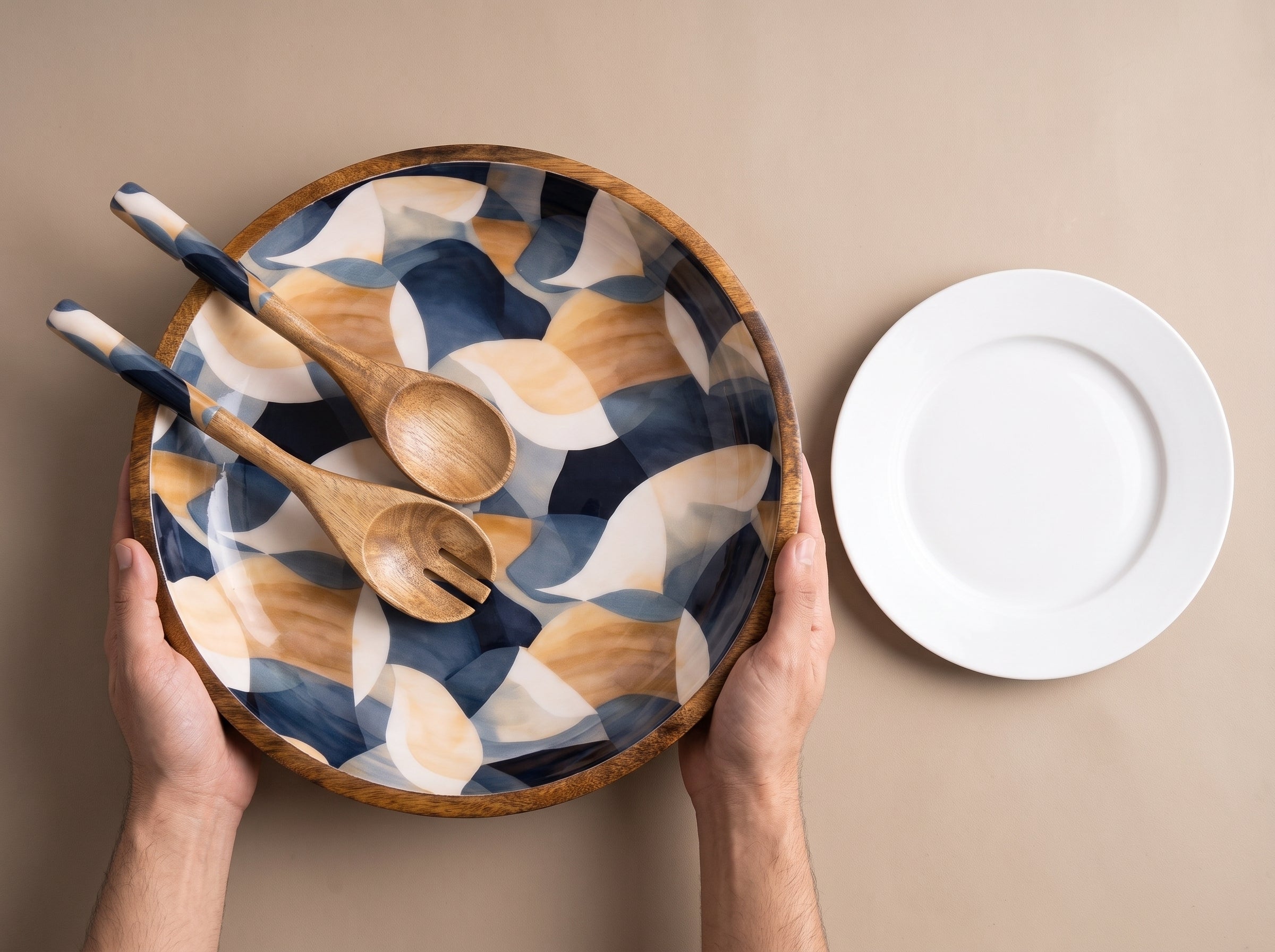 Large Bowl & Servers with Mosaic Geometric Print Enamel