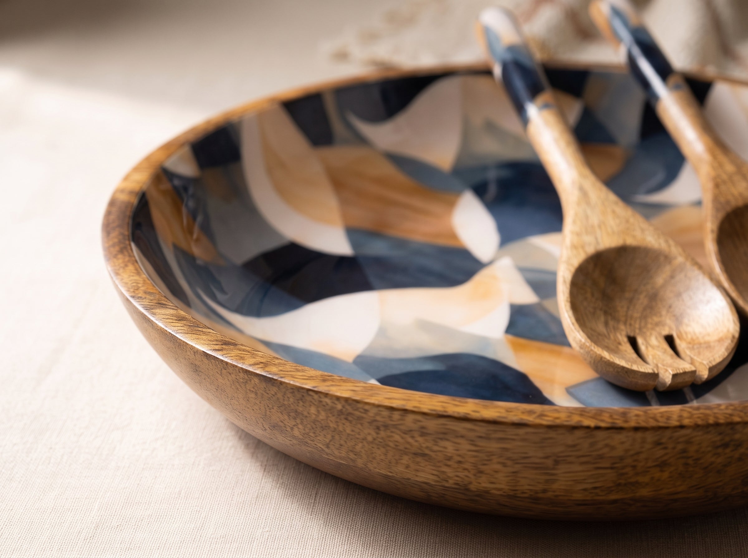 Large Bowl & Servers with Mosaic Geometric Print Enamel