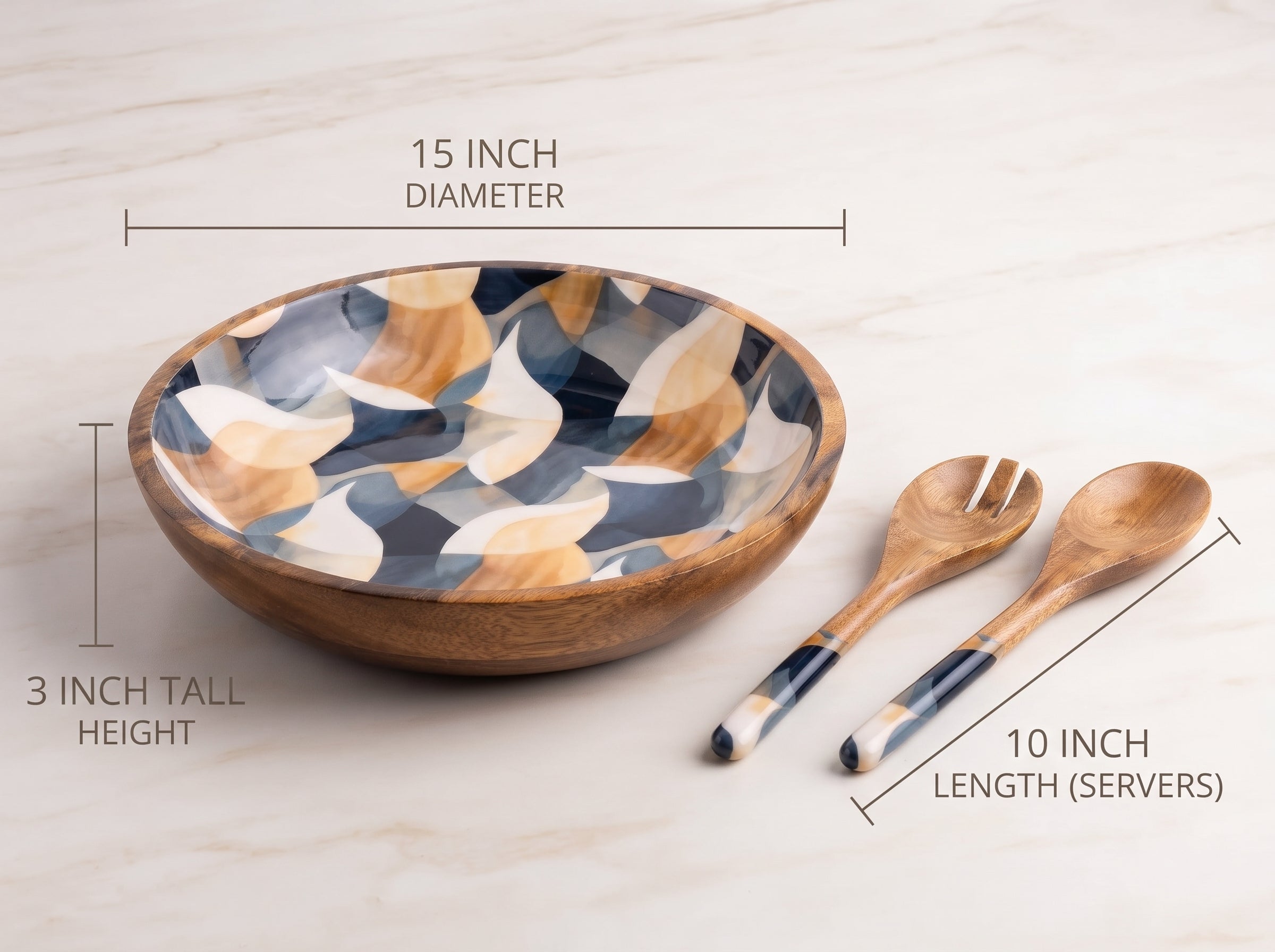 Large Bowl & Servers with Mosaic Geometric Print Enamel