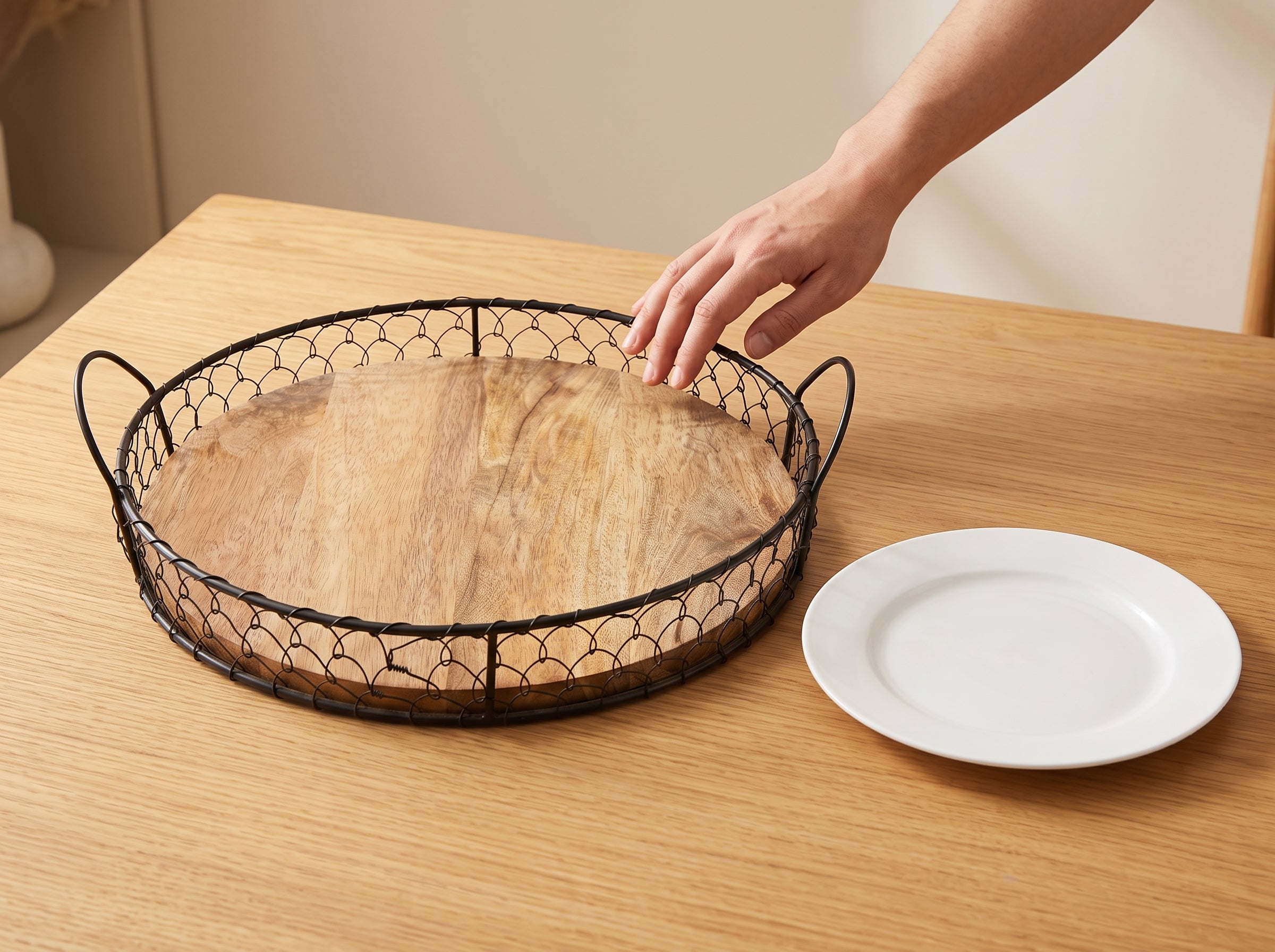 Round Wooden Tray with Wire Mesh Frame