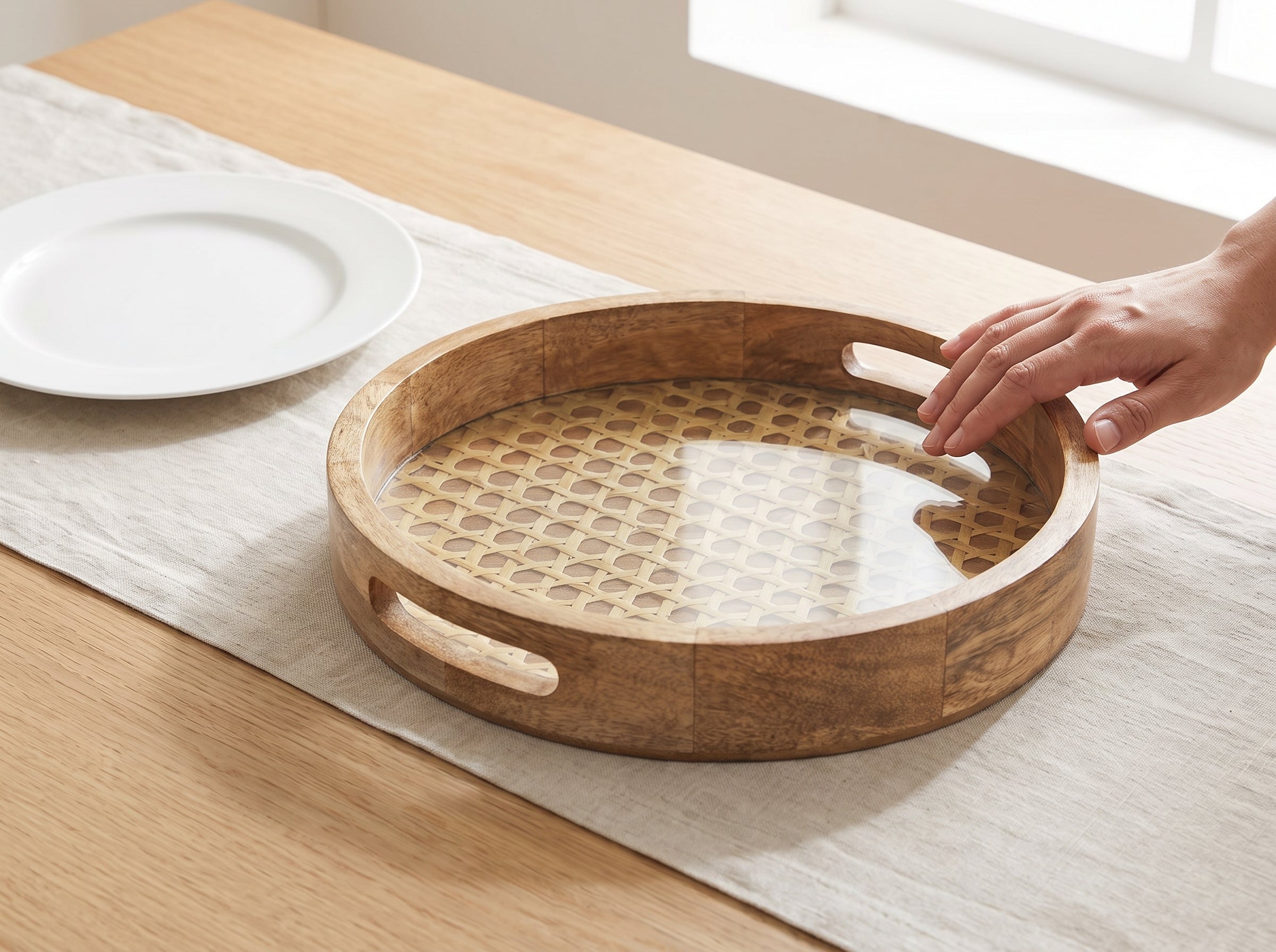 Round Tray with Rattan Mat