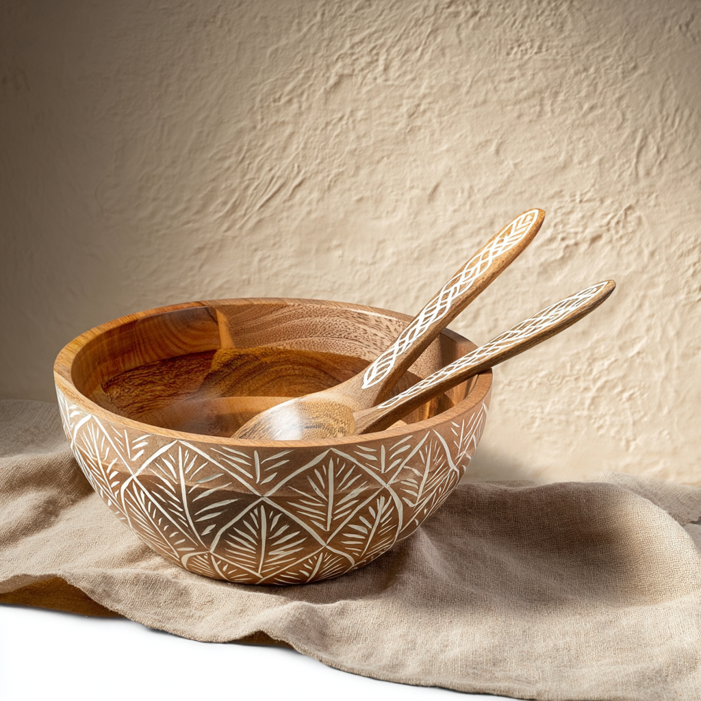 Serving Bowl and Servers with White Washed Carving