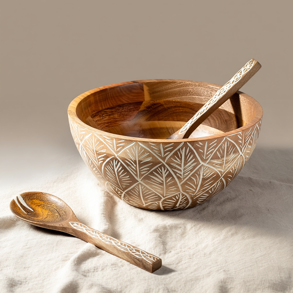 Serving Bowl and Servers with White Washed Carving