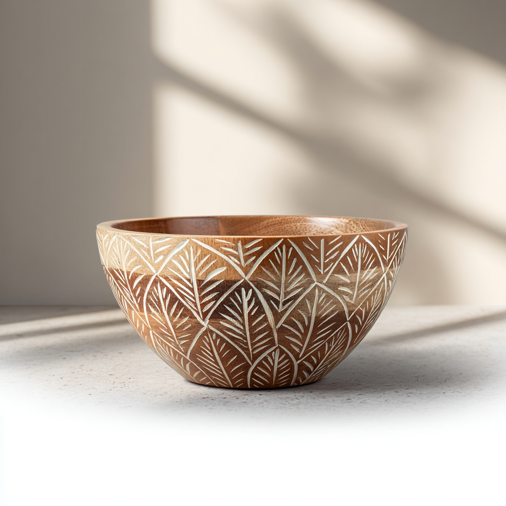 Serving Bowl and Servers with White Washed Carving