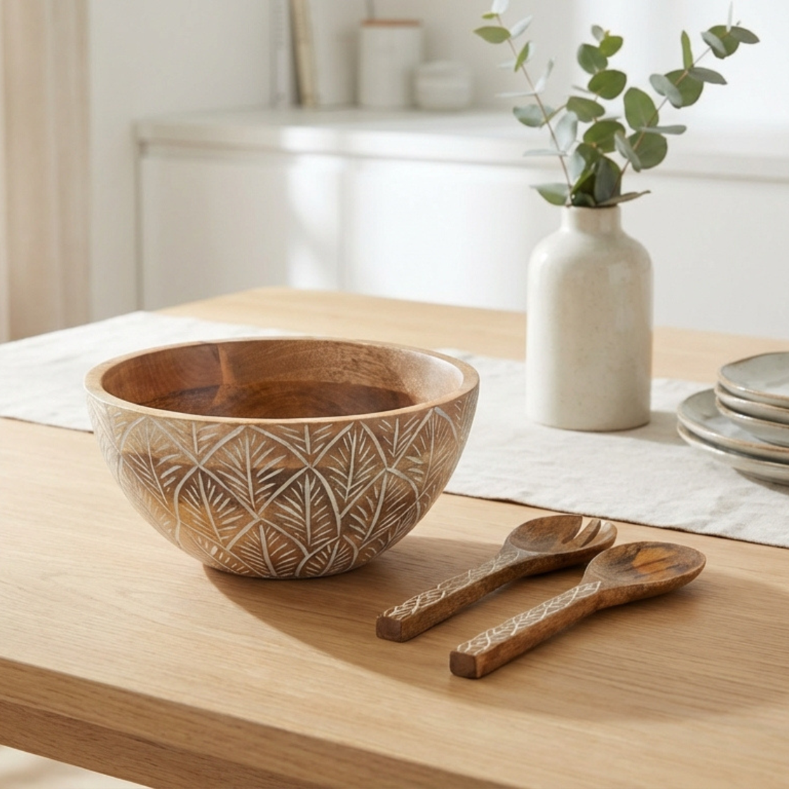 Serving Bowl and Servers with White Washed Carving