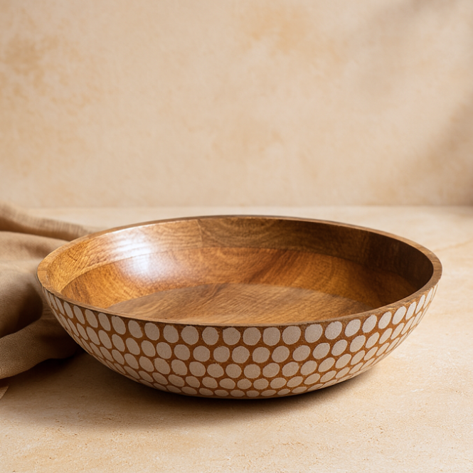 Large Flat Bowl with White Polka Dots