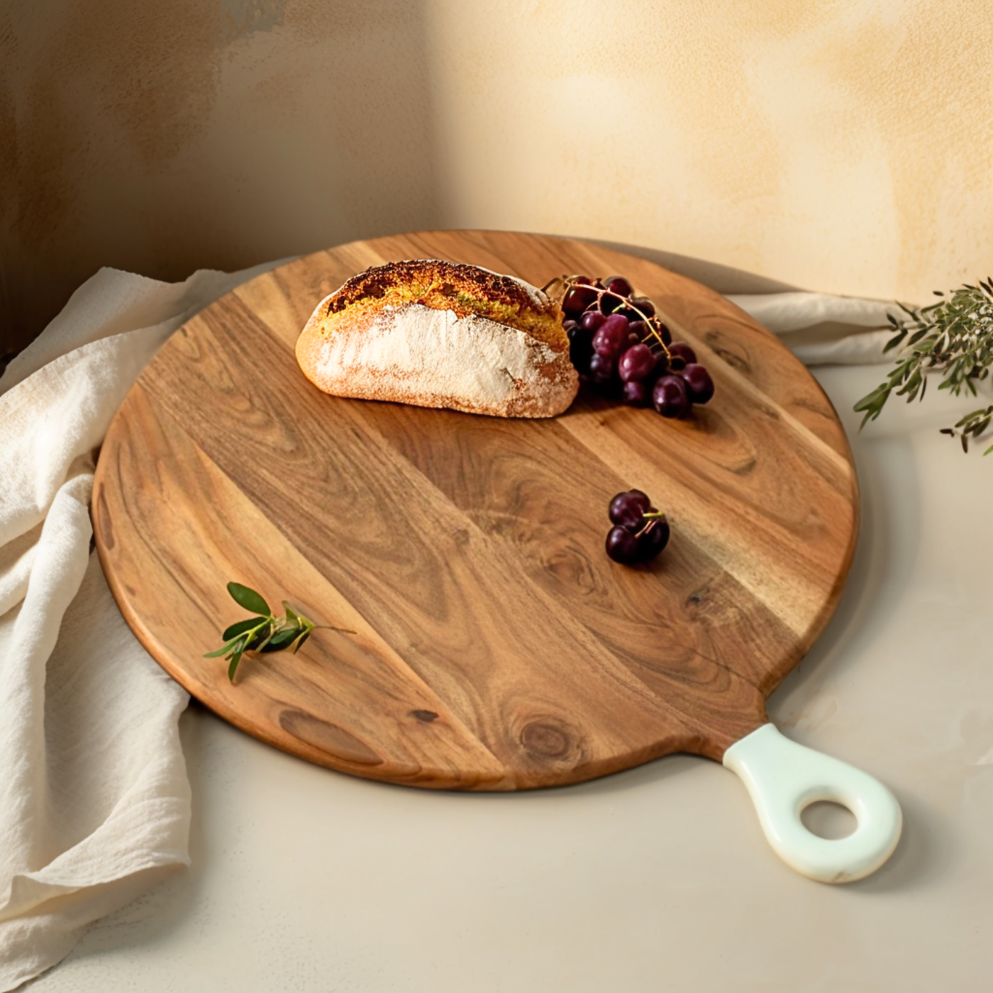 Large round wooden board with enamel handle