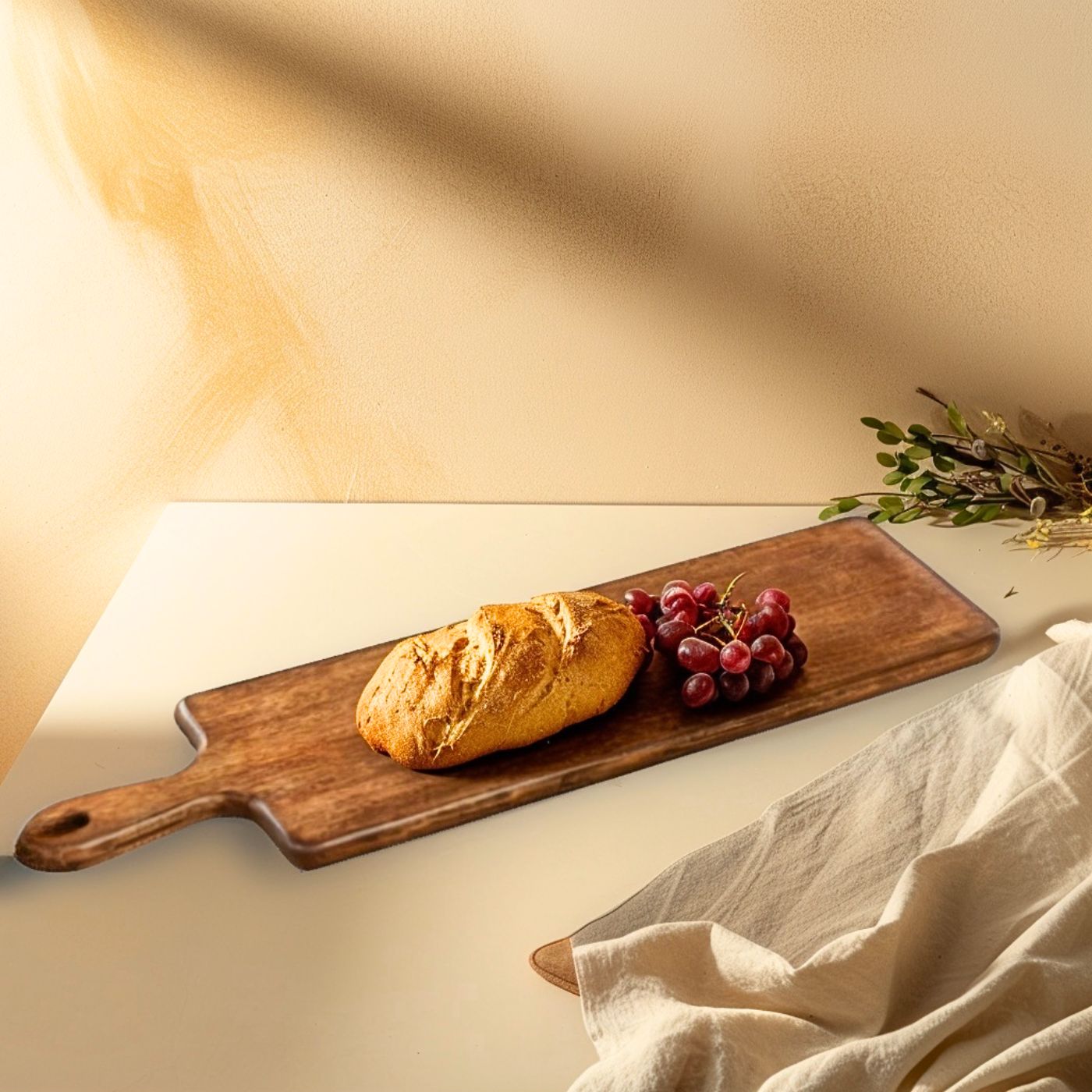 Wooden cutting board with bread and grapes on a light surface