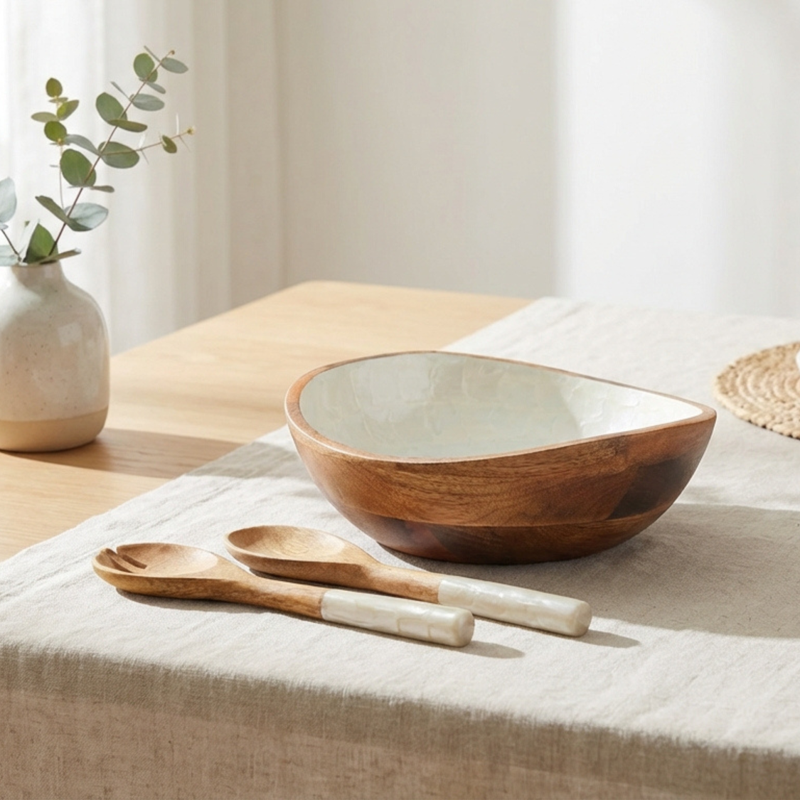 Serving Bowl and Servers with Pearl Enamel