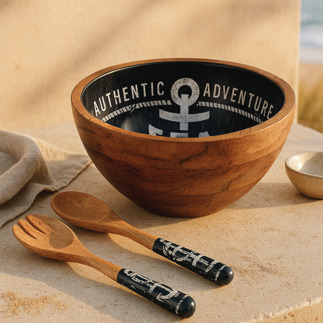 Serving Bowl and Servers with Sea Story Enamel