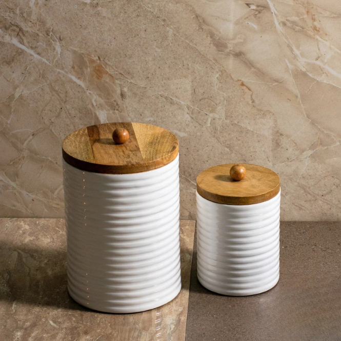 Tall Canisters with White Enamel, Set of 2 (Large and Small)