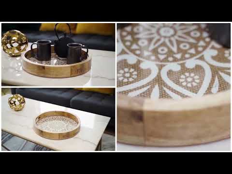 Round Wooden Coffee Table Tray with Knitted Cotton Mat & Glass base video showing how to use coffee table trays- Aesthetic Living
