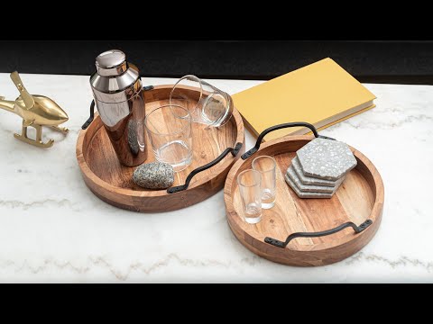 Round Wooden Serving Trays with Black Metal Handles, set of 2 lifestyle video showing how to decorate your coffee table with wooden trays.