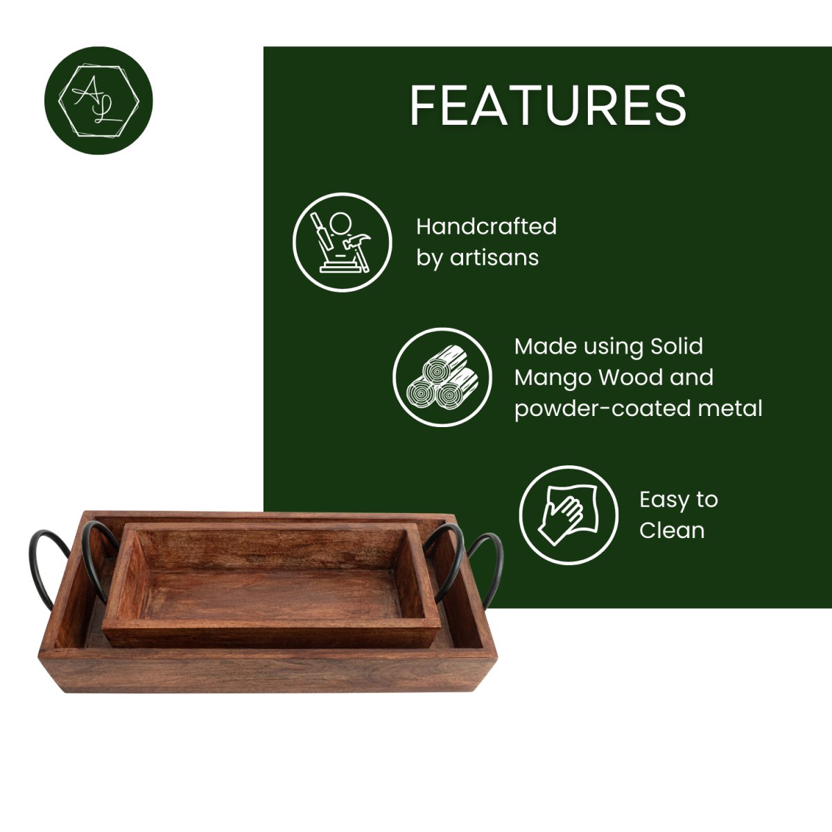 Rectangular Wooden Serving Trays with Black Metal Handles, Set of 2, features image - Aesthetic Living