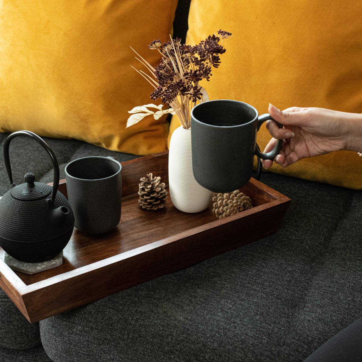 Rectangular Wooden Serving Trays with Black Metal Handles, Set of 2, used as a serving tray to serve tea - Aesthetic Living