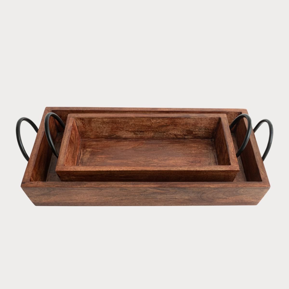 Rectangular Wooden Serving Trays with Black Metal Handles, Set of 2, front image - Aesthetic Living